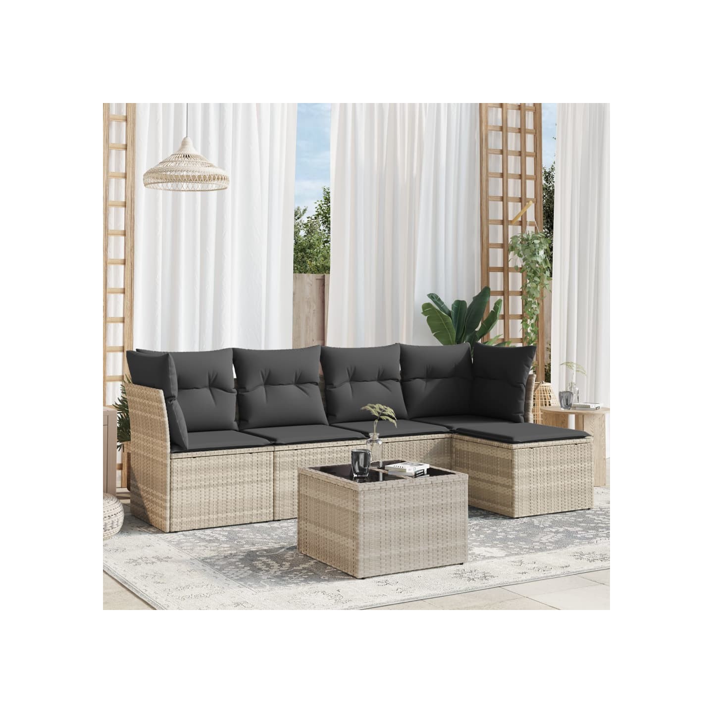 Salon de jardin 6 pcs avec coussins gris clair résine tressée