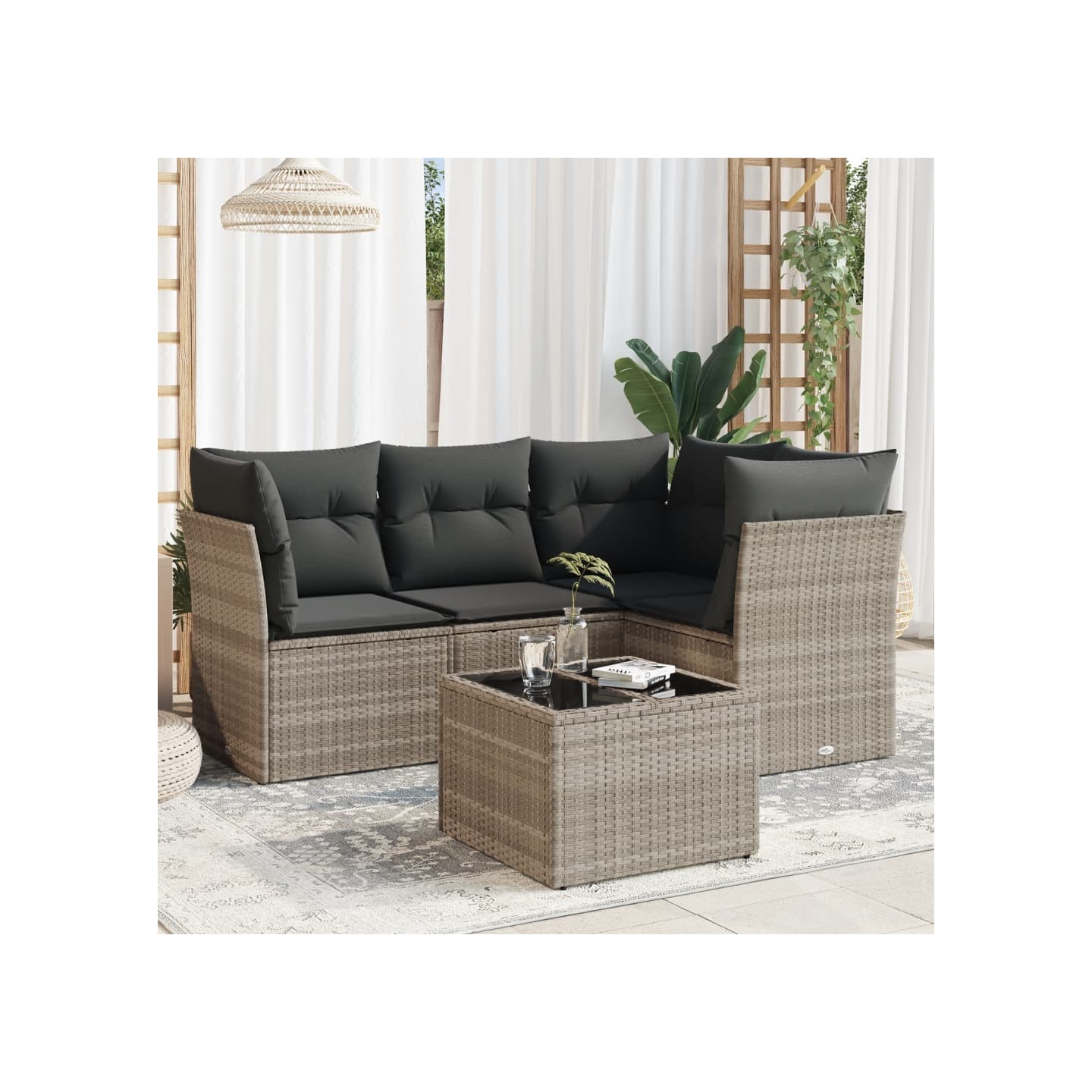 Salon de jardin 5 pcs avec coussins gris clair résine tressée