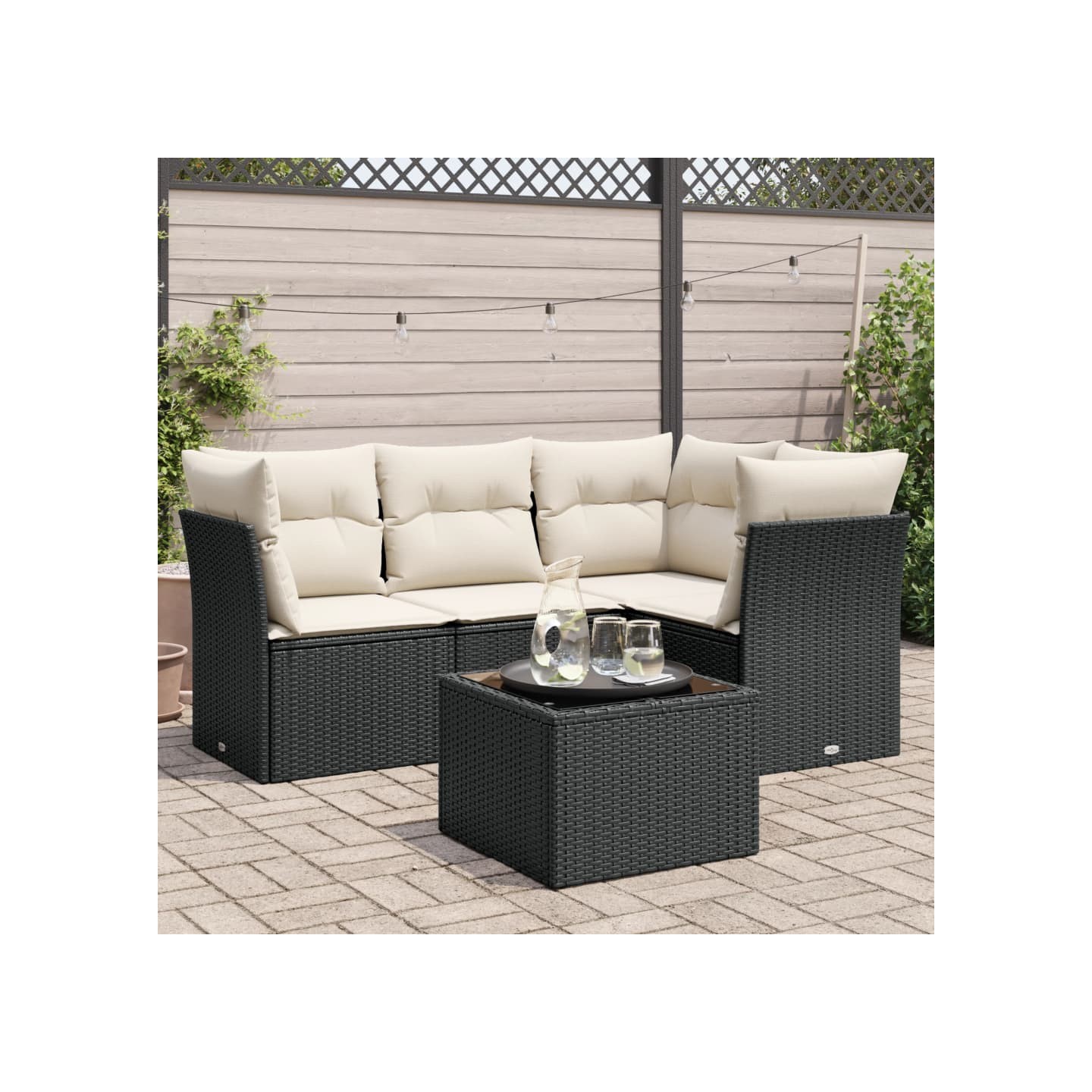 Salon de jardin 5 pcs avec coussins noir résine tressée