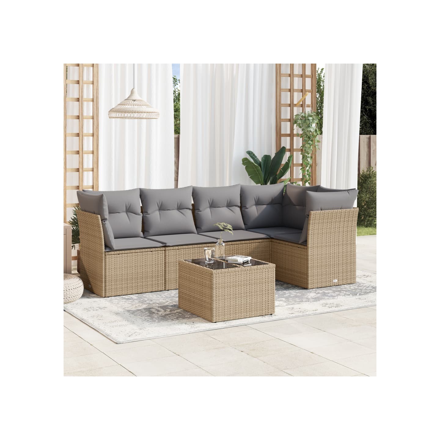 Salon de jardin avec coussins 6 pcs beige résine tressée