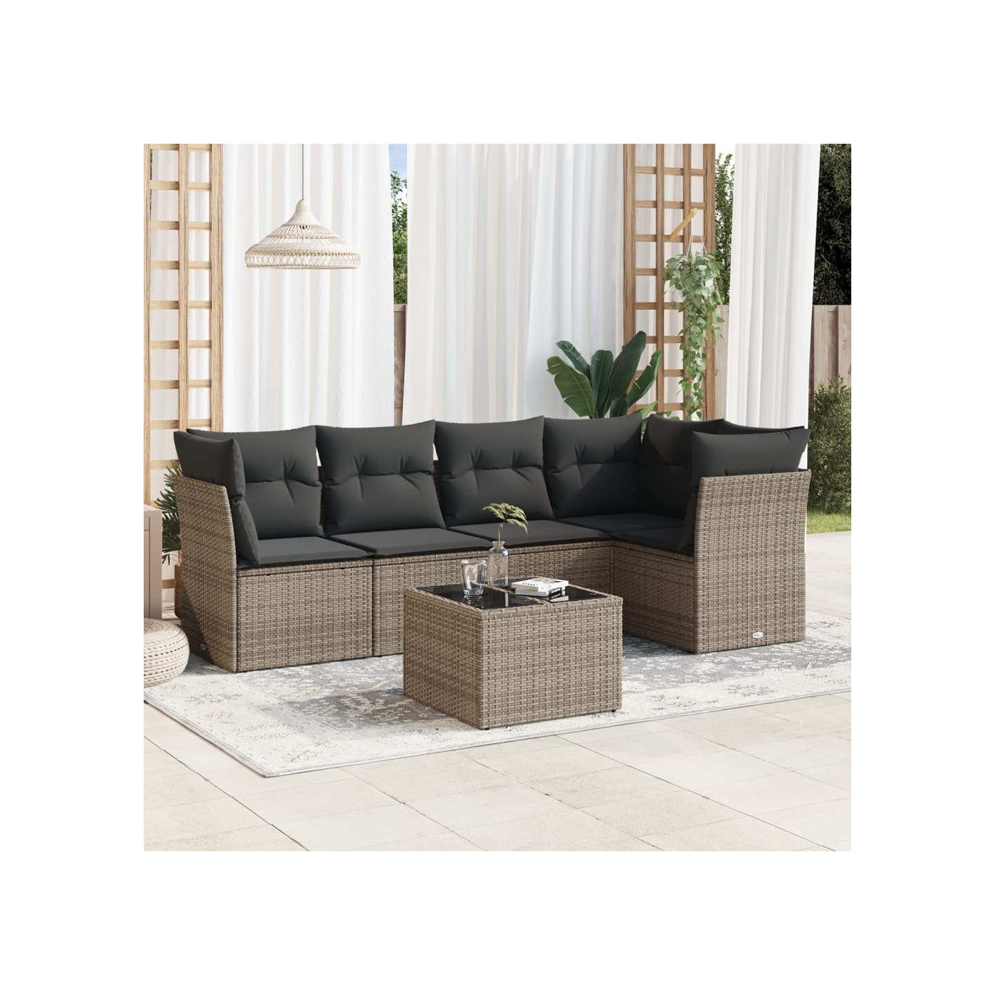 Salon de jardin 6 pcs avec coussins gris résine tressée