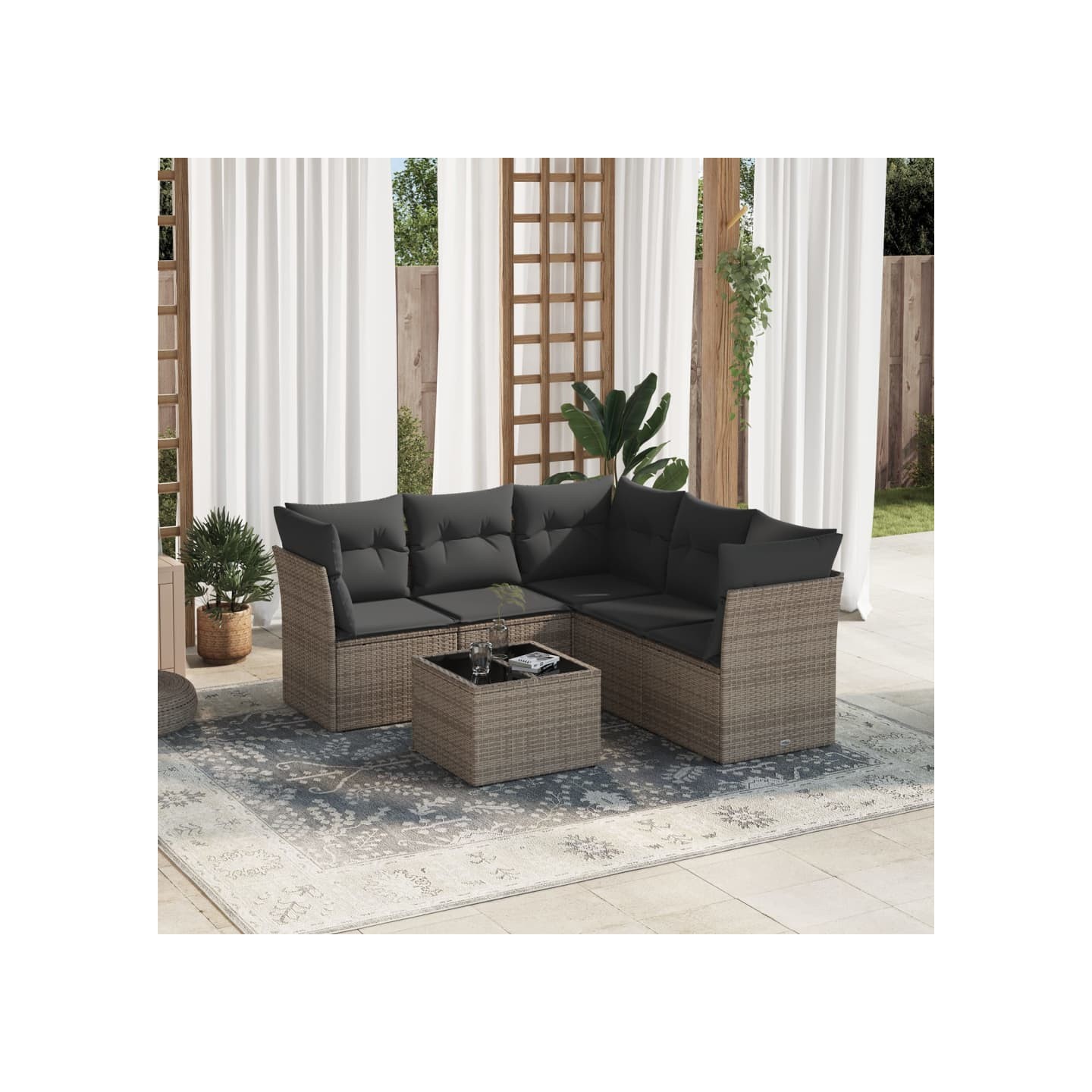 Salon de jardin 6 pcs avec coussins gris résine tressée
