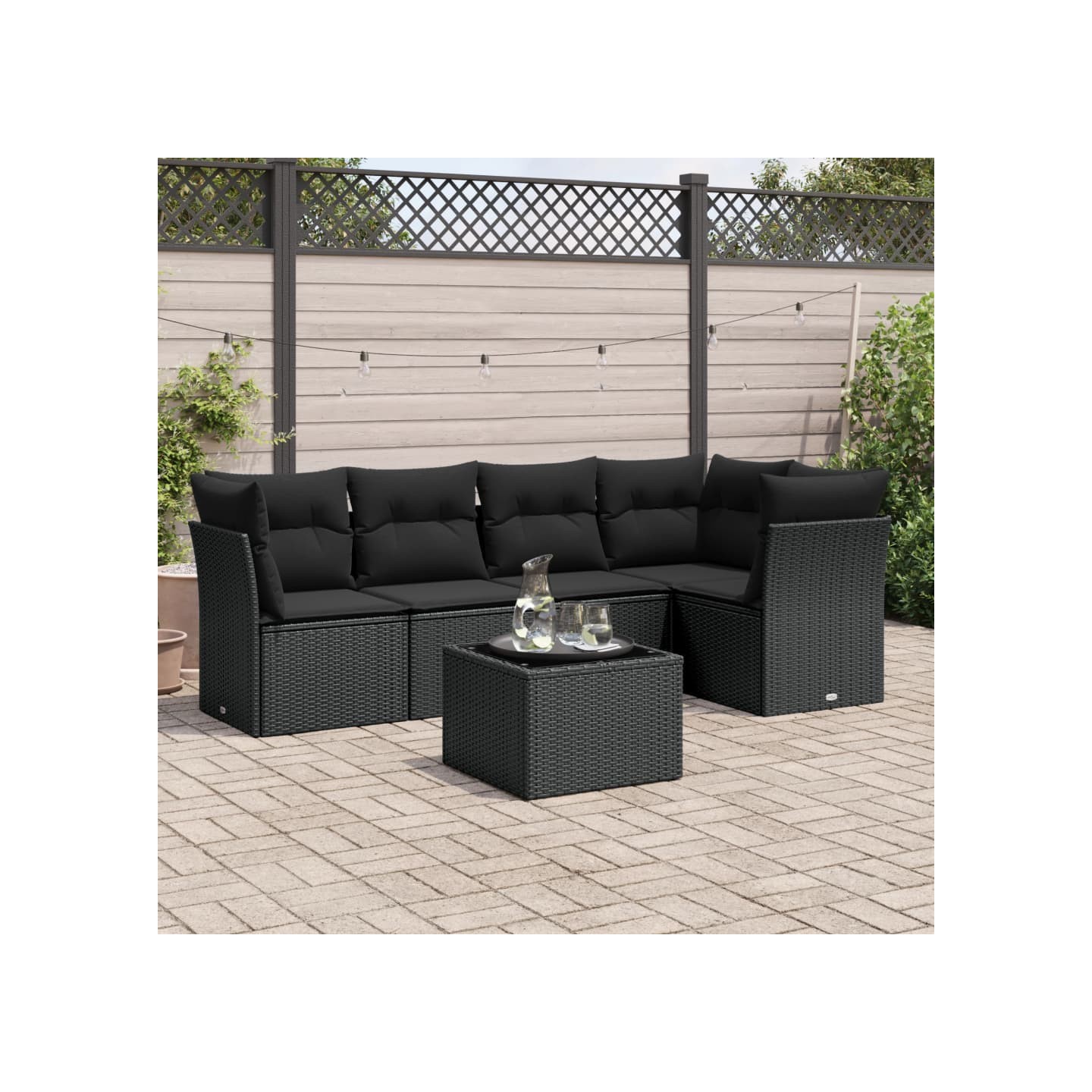 Salon de jardin 6 pcs avec coussins noir résine tressée