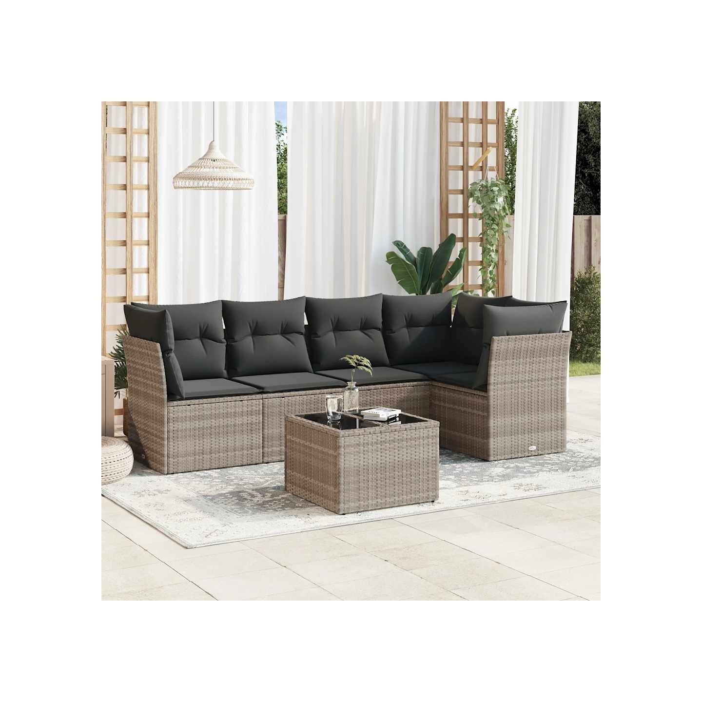 Salon de jardin 6 pcs avec coussins gris clair résine tressée