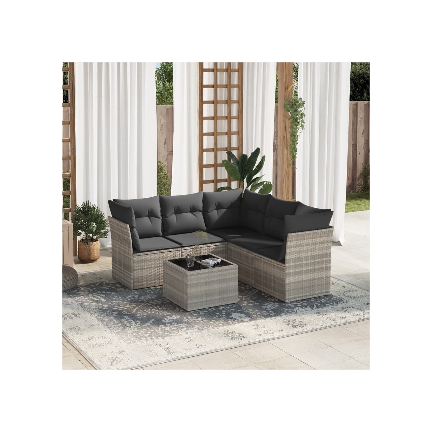 Salon de jardin 6 pcs avec coussins gris clair résine tressée