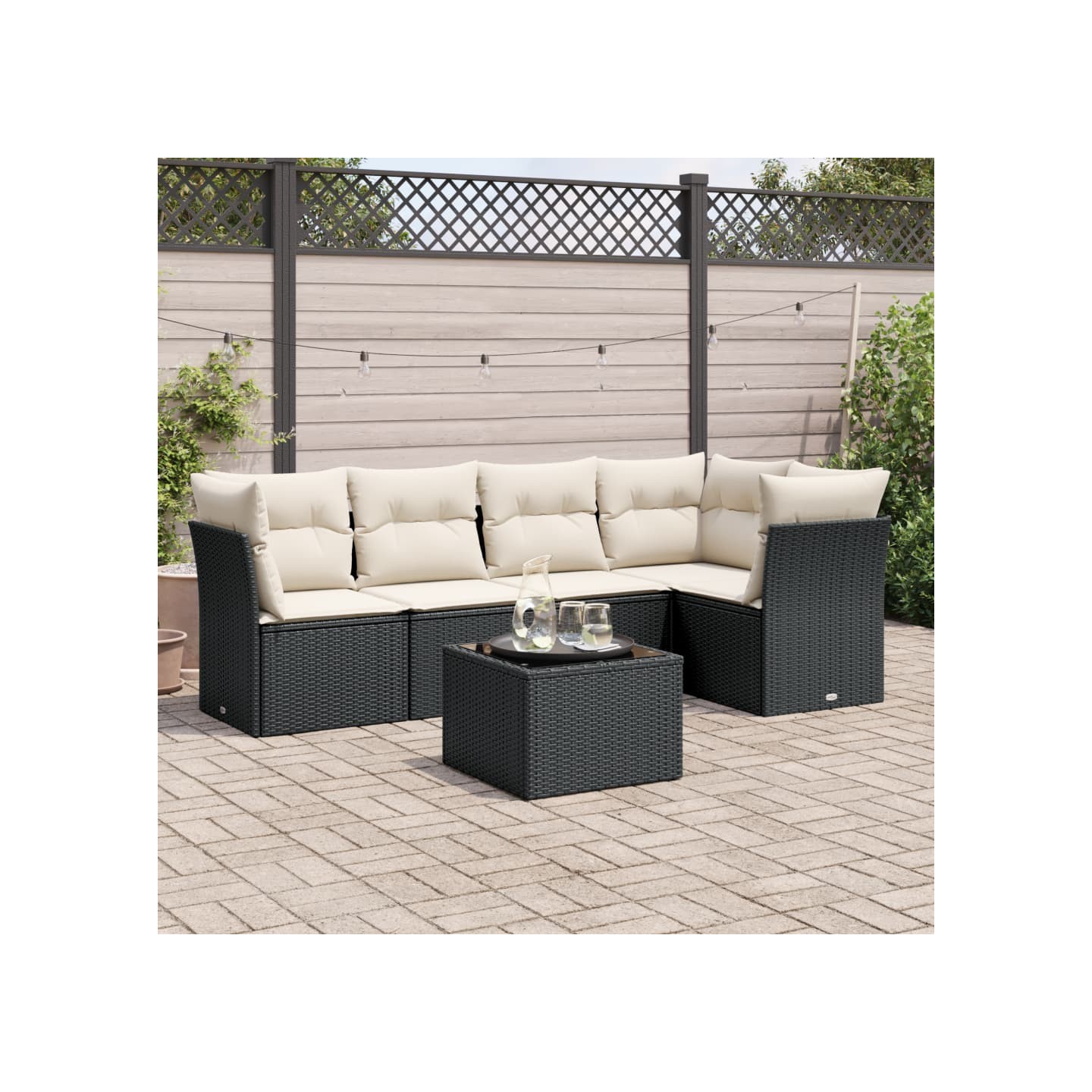 Salon de jardin 6 pcs avec coussins noir résine tressée