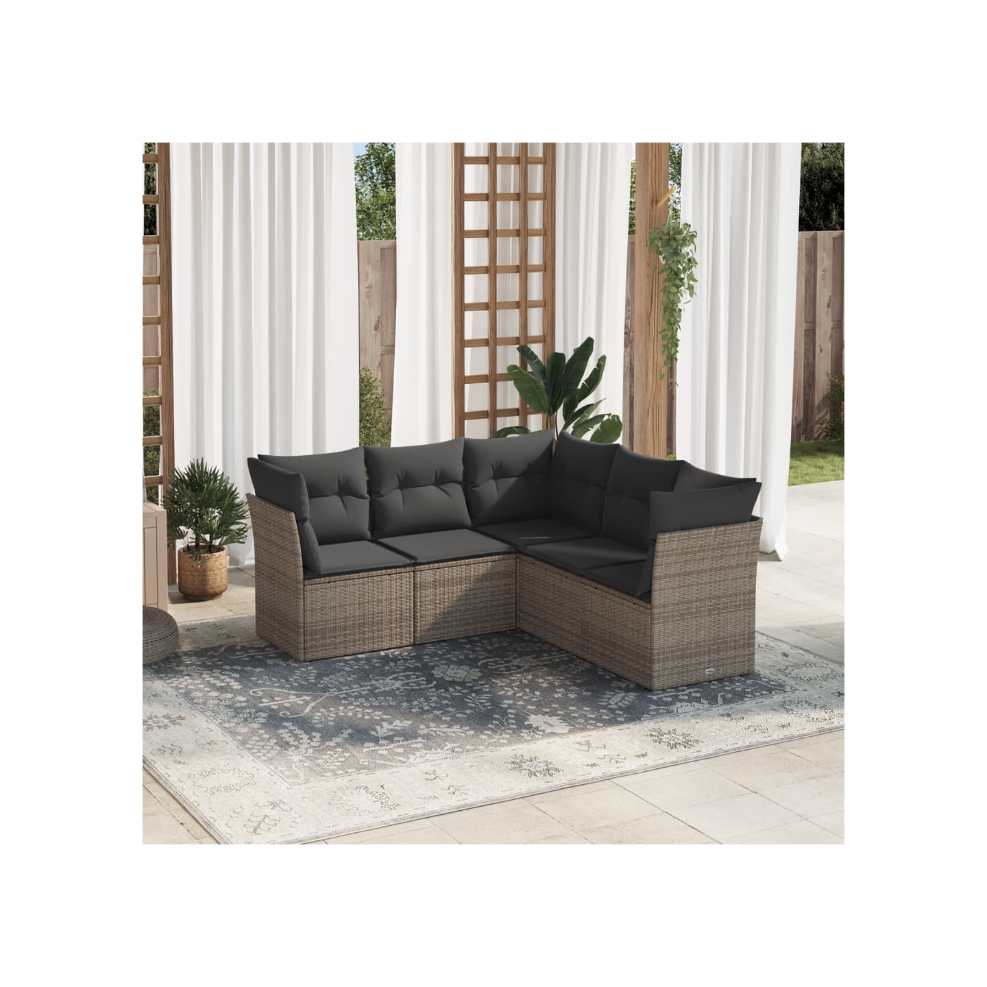 Salon de jardin 5 pcs avec coussins gris résine tressée