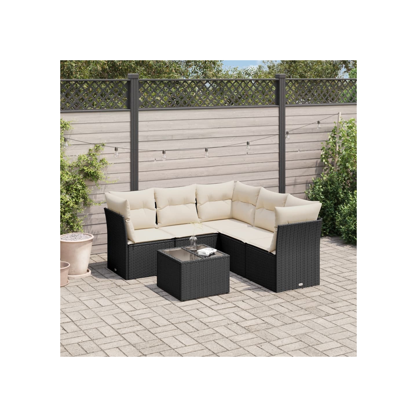 Salon de jardin 6 pcs avec coussins noir résine tressée