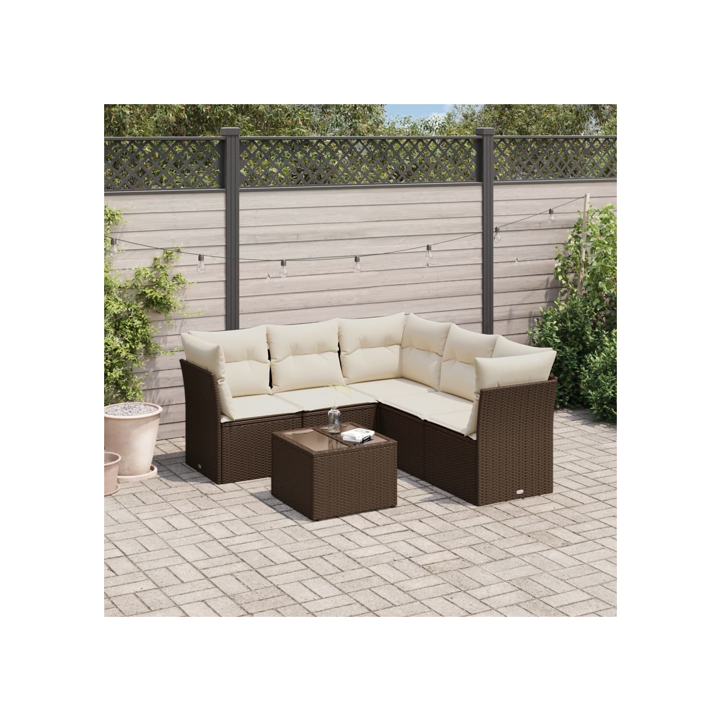 Salon de jardin avec coussins 6 pcs marron résine tressée