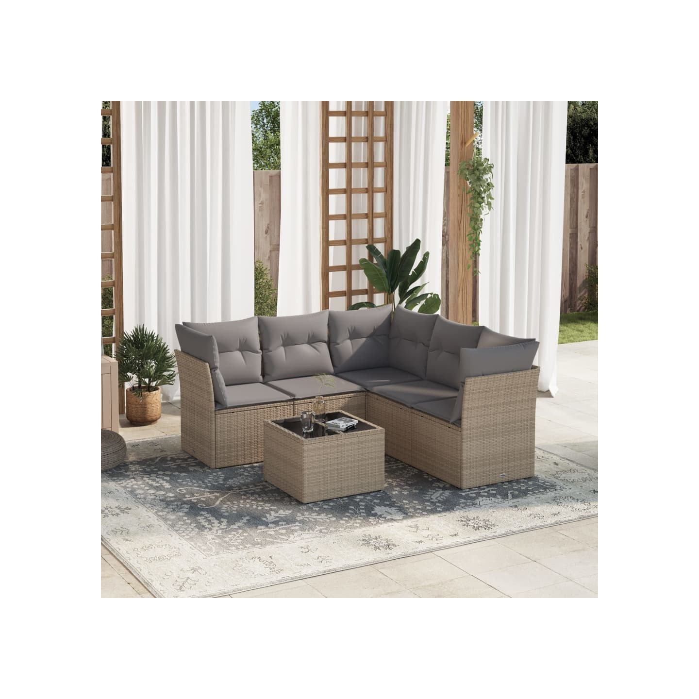 Salon de jardin avec coussins 6 pcs beige résine tressée