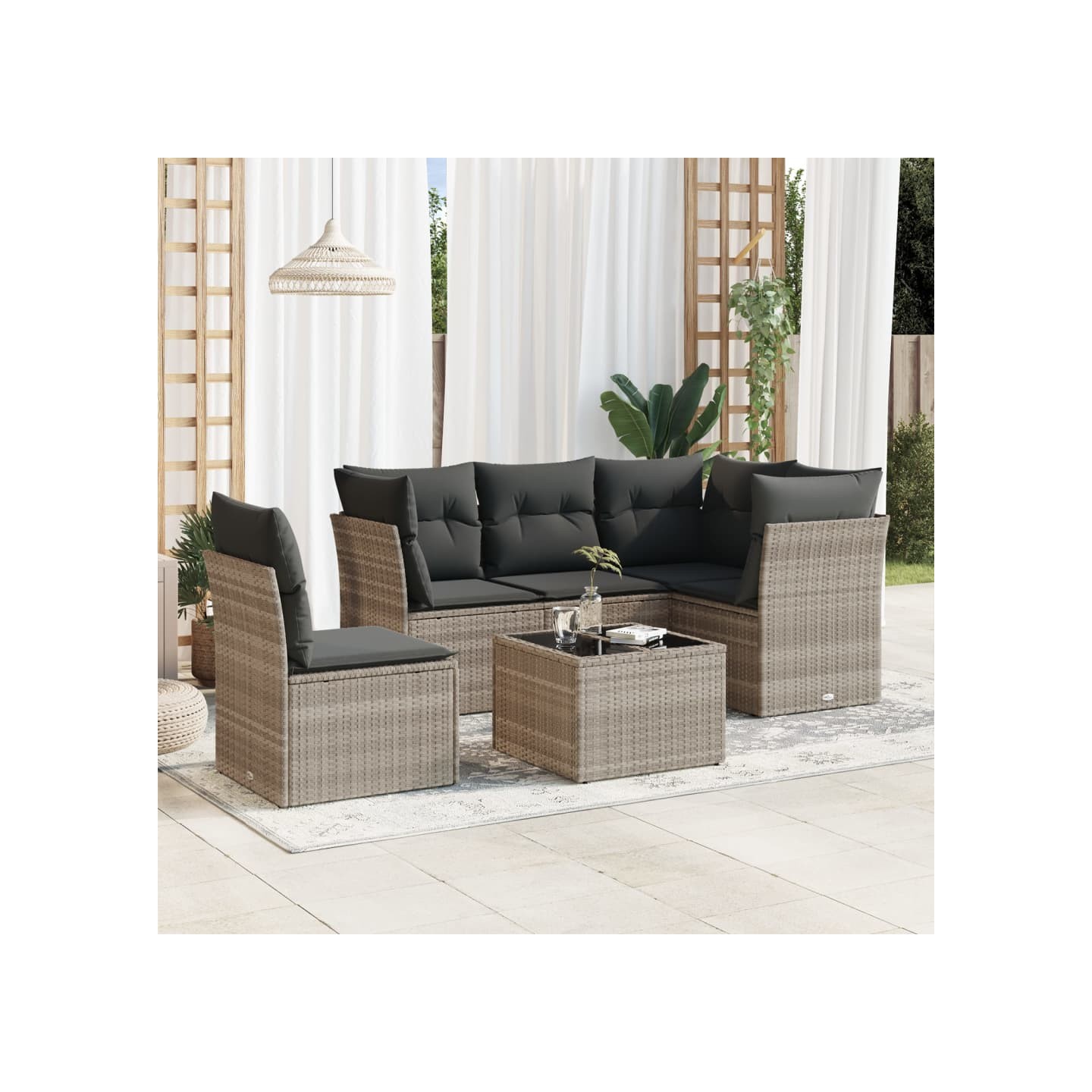 Salon de jardin 6 pcs avec coussins gris clair résine tressée
