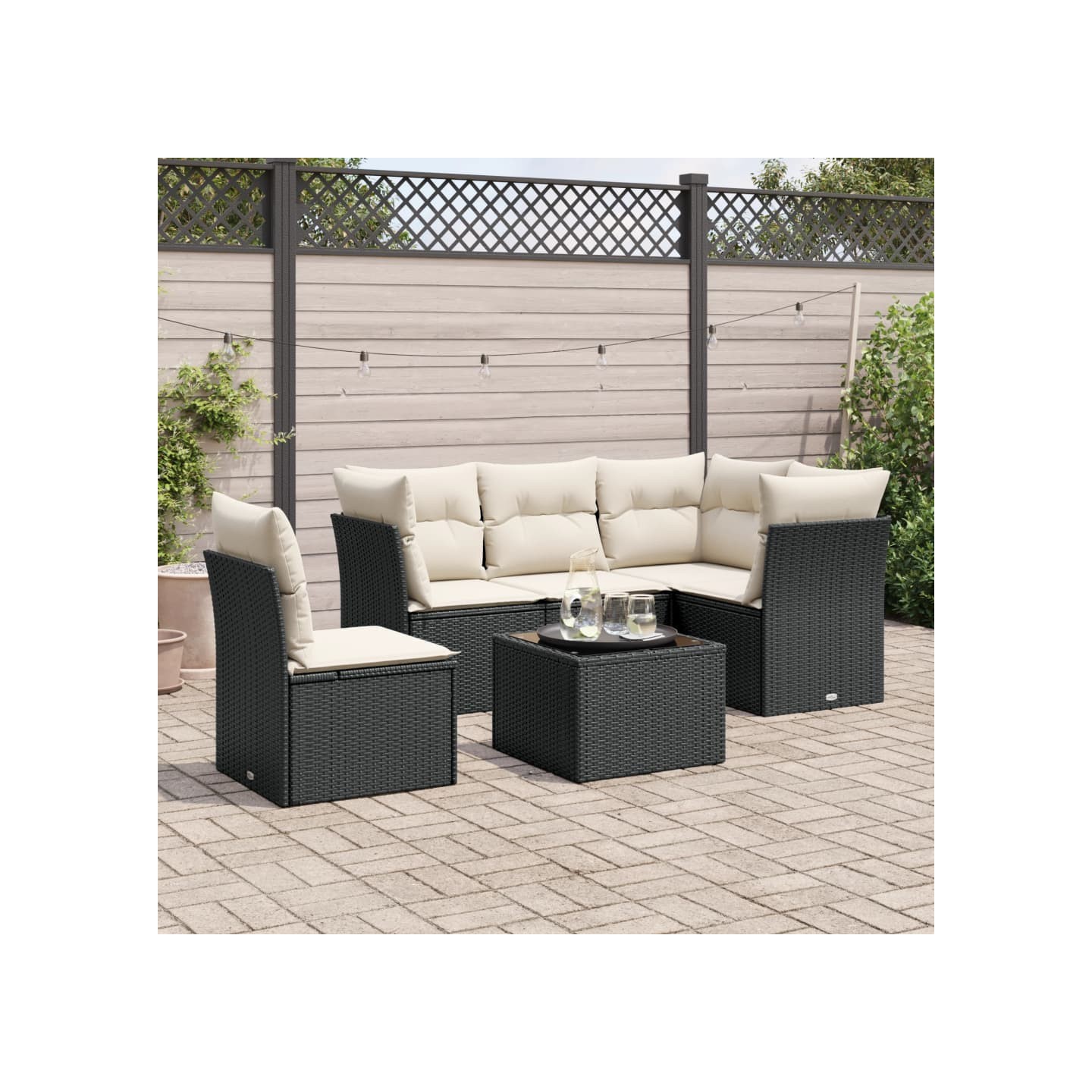 Salon de jardin 6 pcs avec coussins noir résine tressée