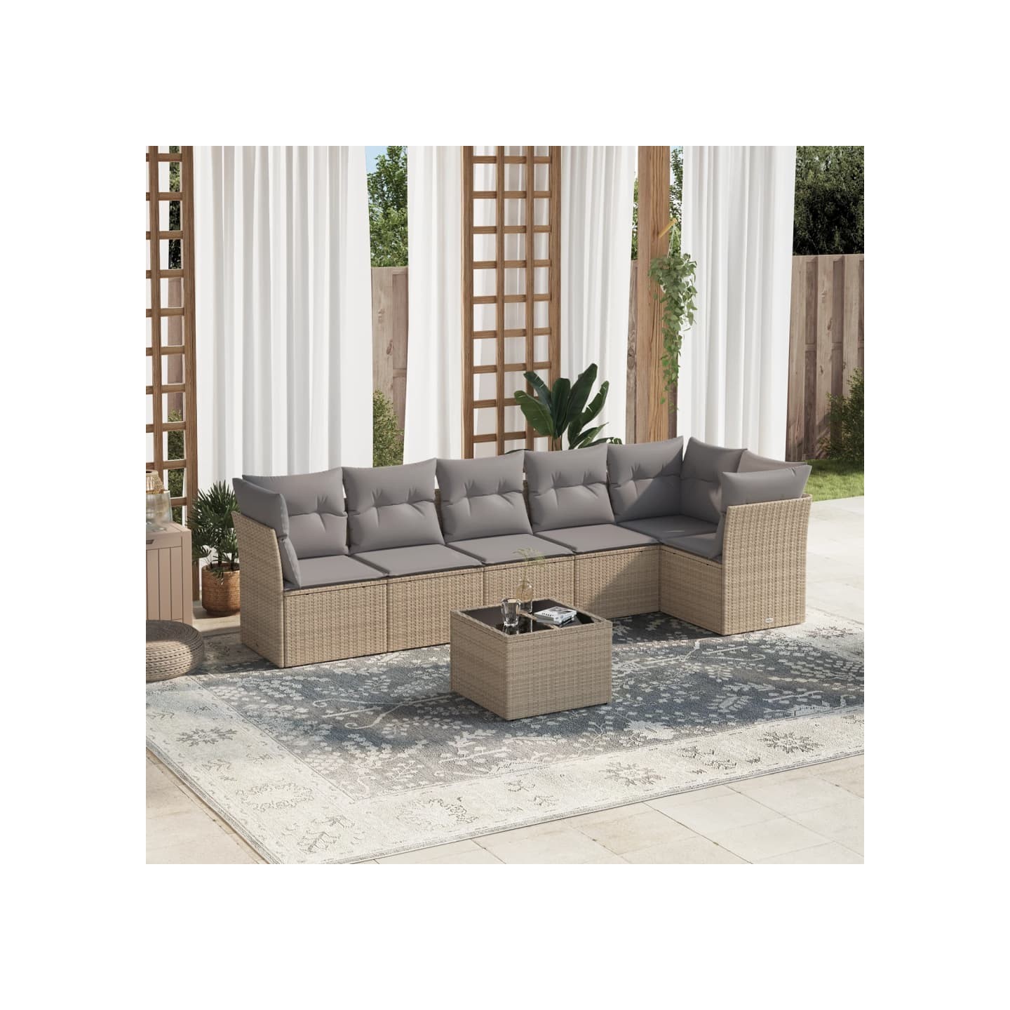 Salon de jardin avec coussins 7 pcs beige résine tressée