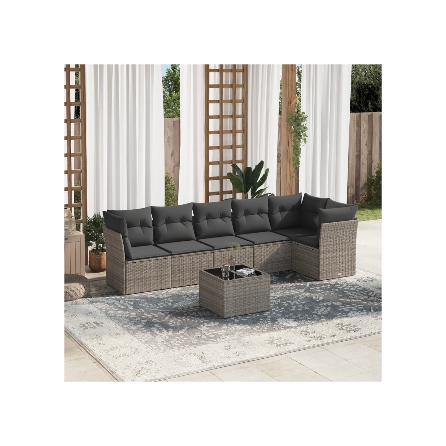 Salon de jardin avec coussins 7 pcs gris résine tressée