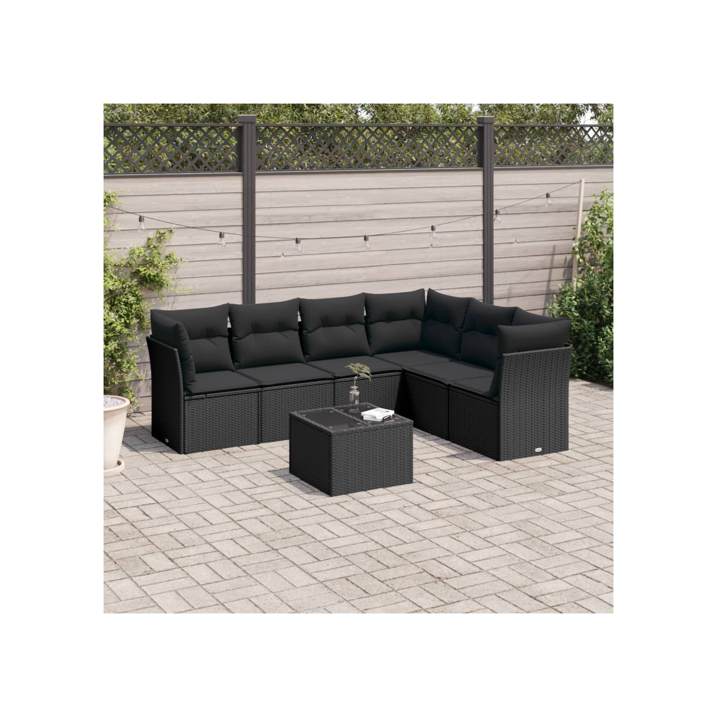 Salon de jardin 7 pcs avec coussins noir résine tressée