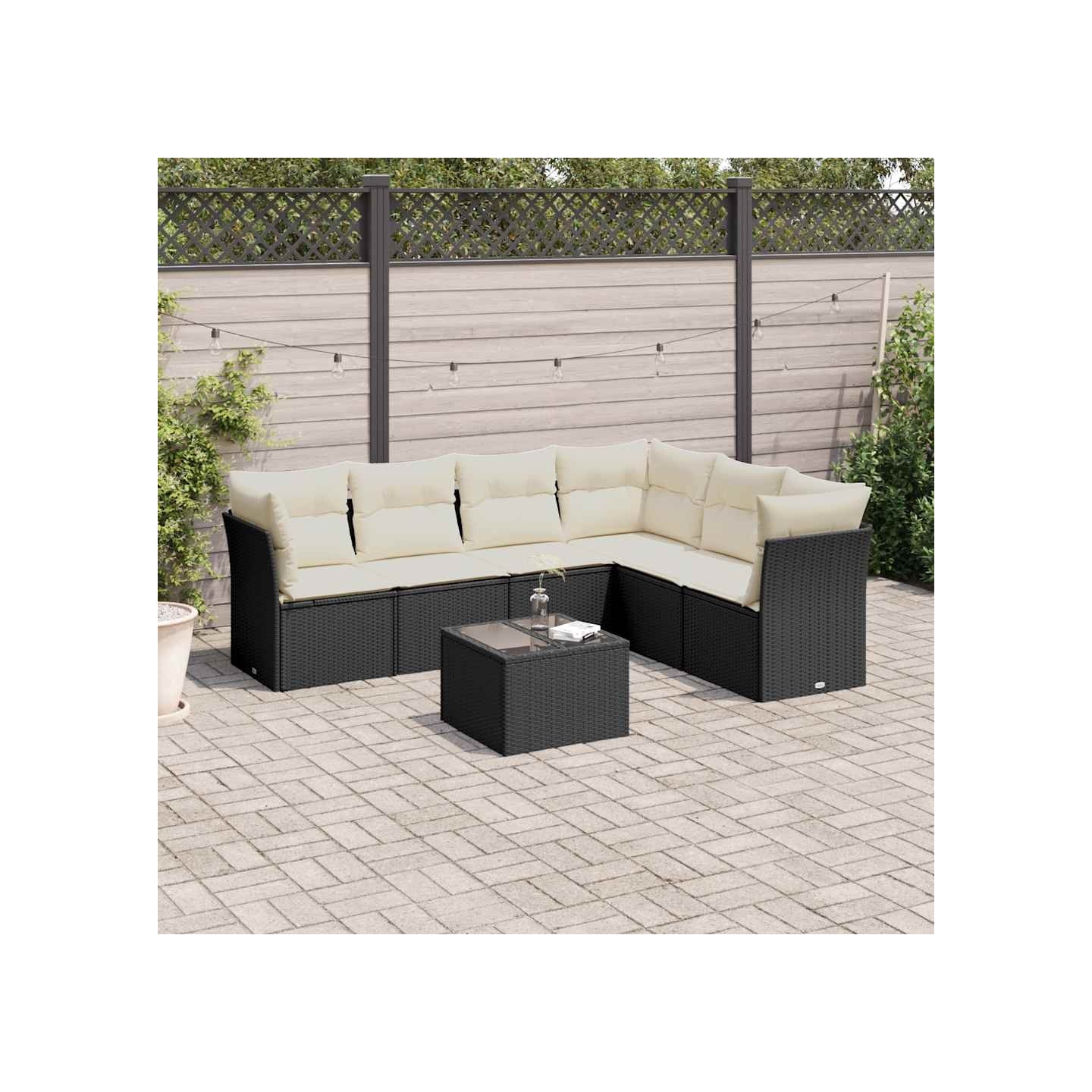 Salon de jardin 7 pcs avec coussins noir résine tressée