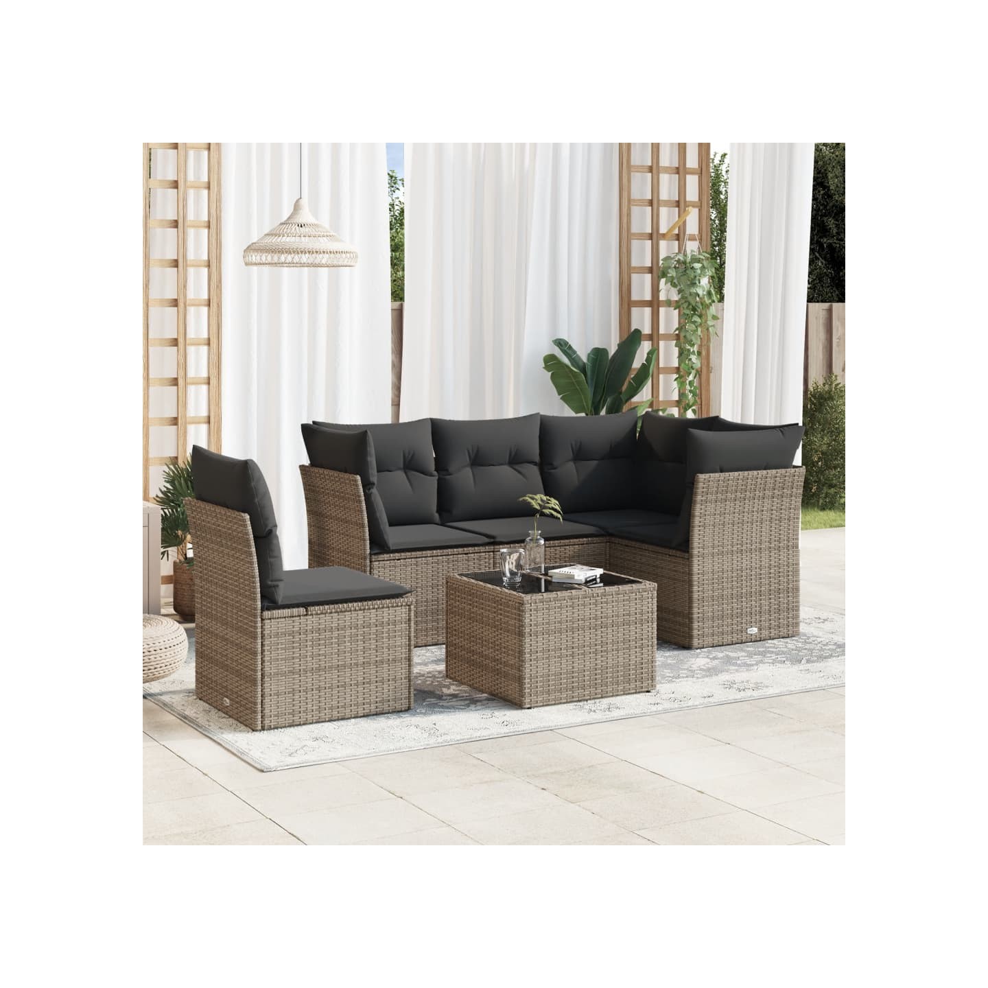 Salon de jardin 6 pcs avec coussins gris résine tressée