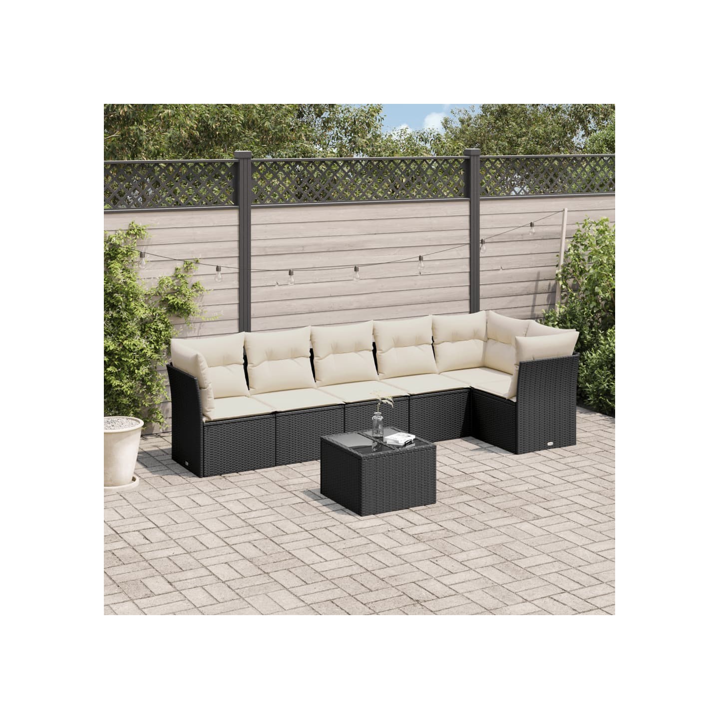 Salon de jardin 7 pcs avec coussins noir résine tressée