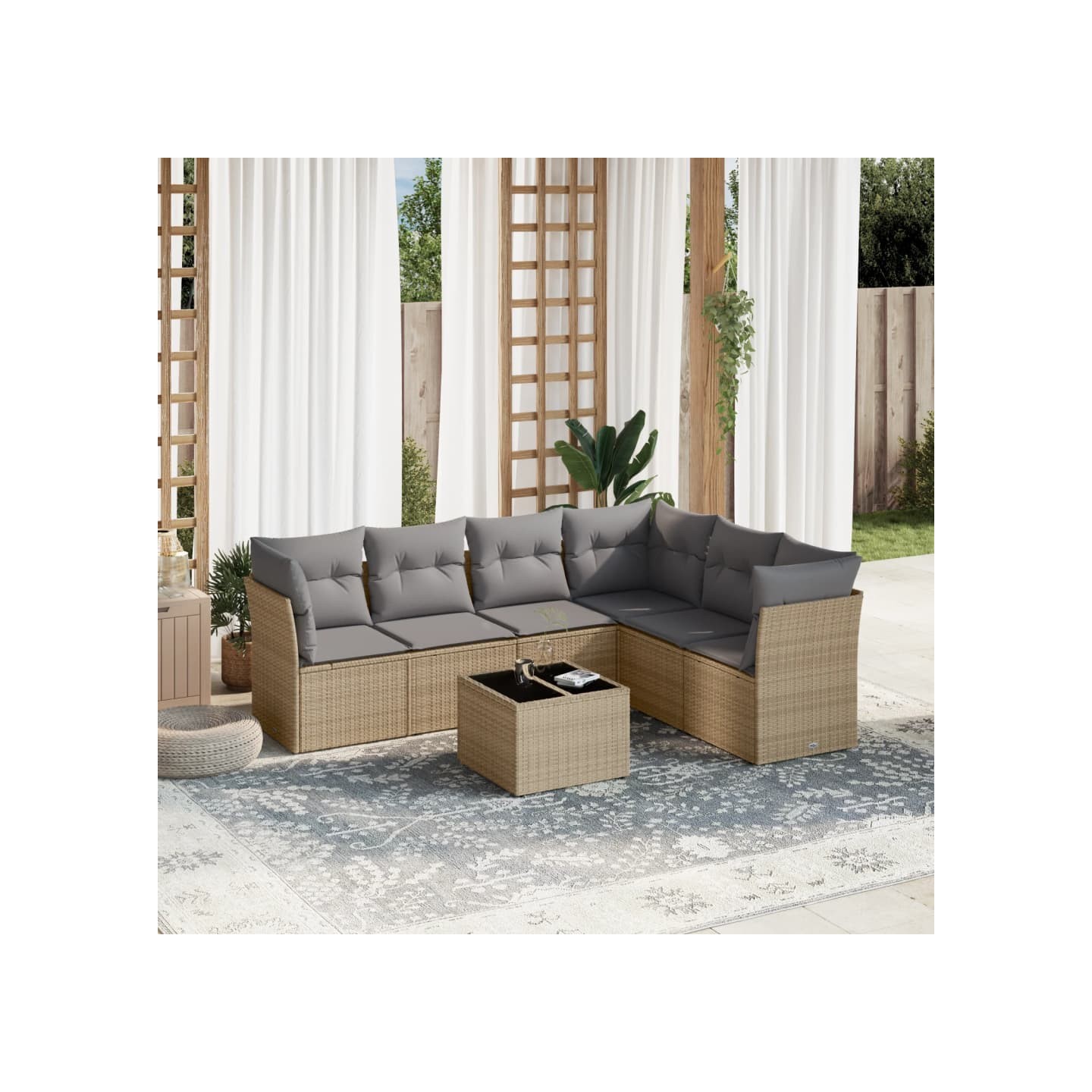 Salon de jardin avec coussins 7 pcs beige résine tressée
