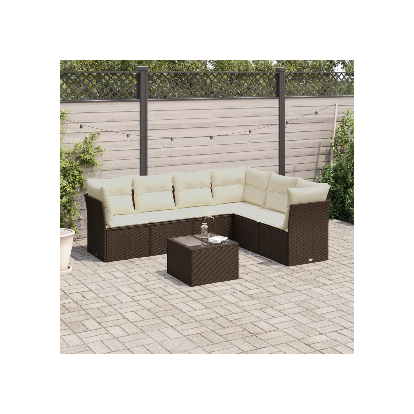 Salon de jardin avec coussins 7 pcs marron résine tressée