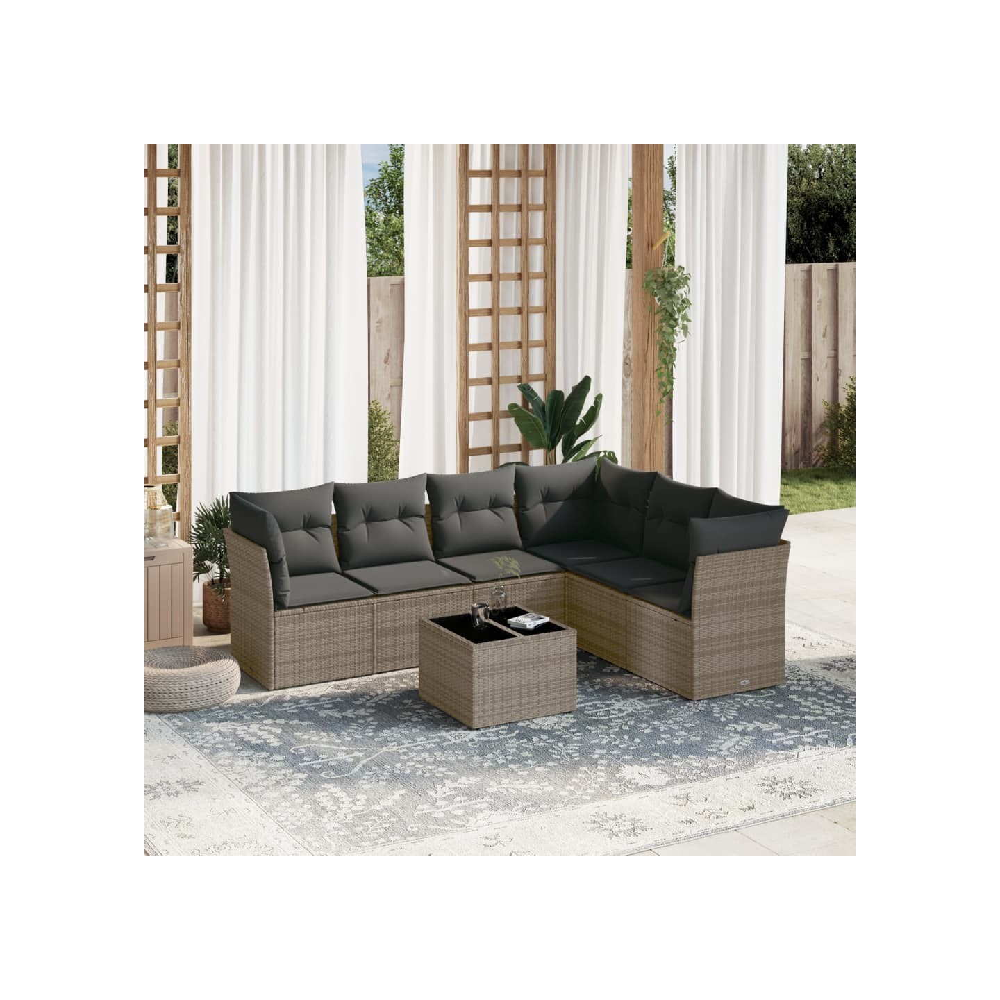 Salon de jardin avec coussins 7 pcs gris résine tressée