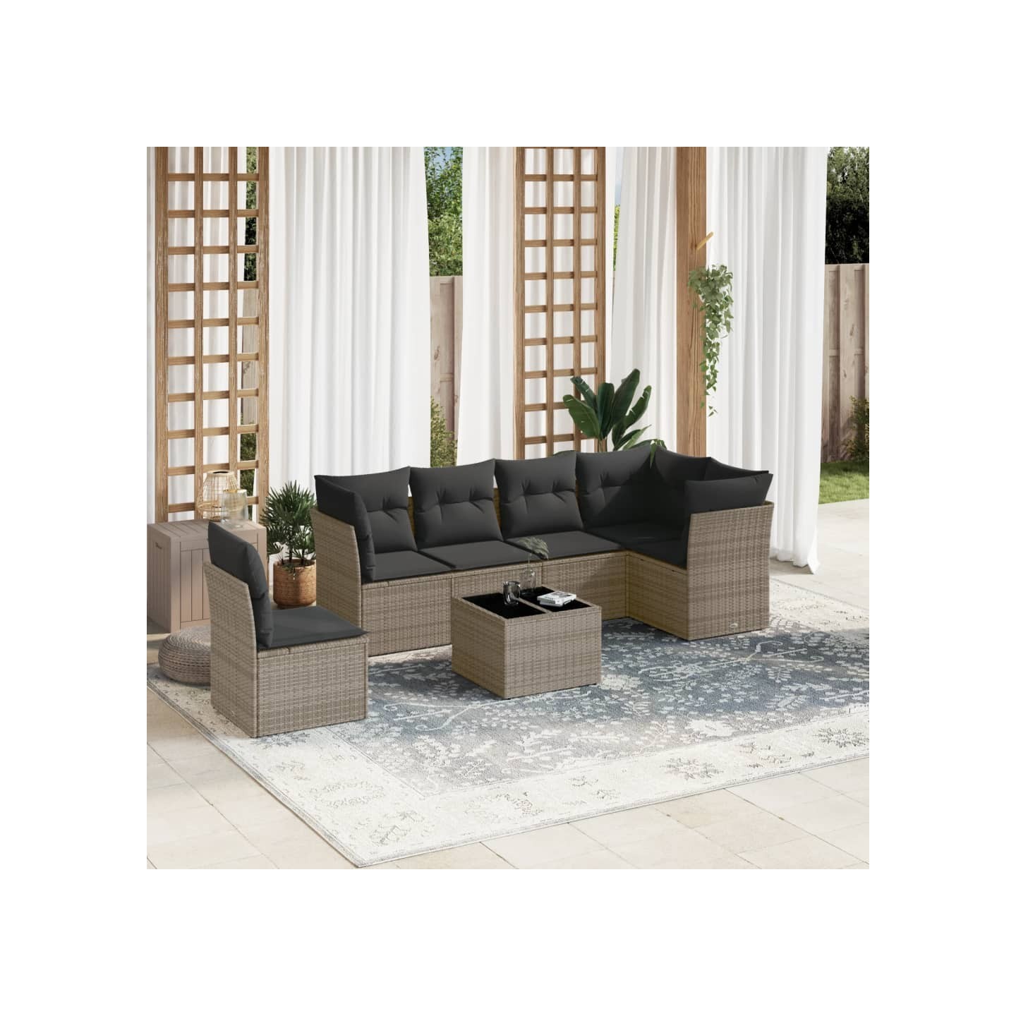 Salon de jardin avec coussins 7 pcs gris résine tressée
