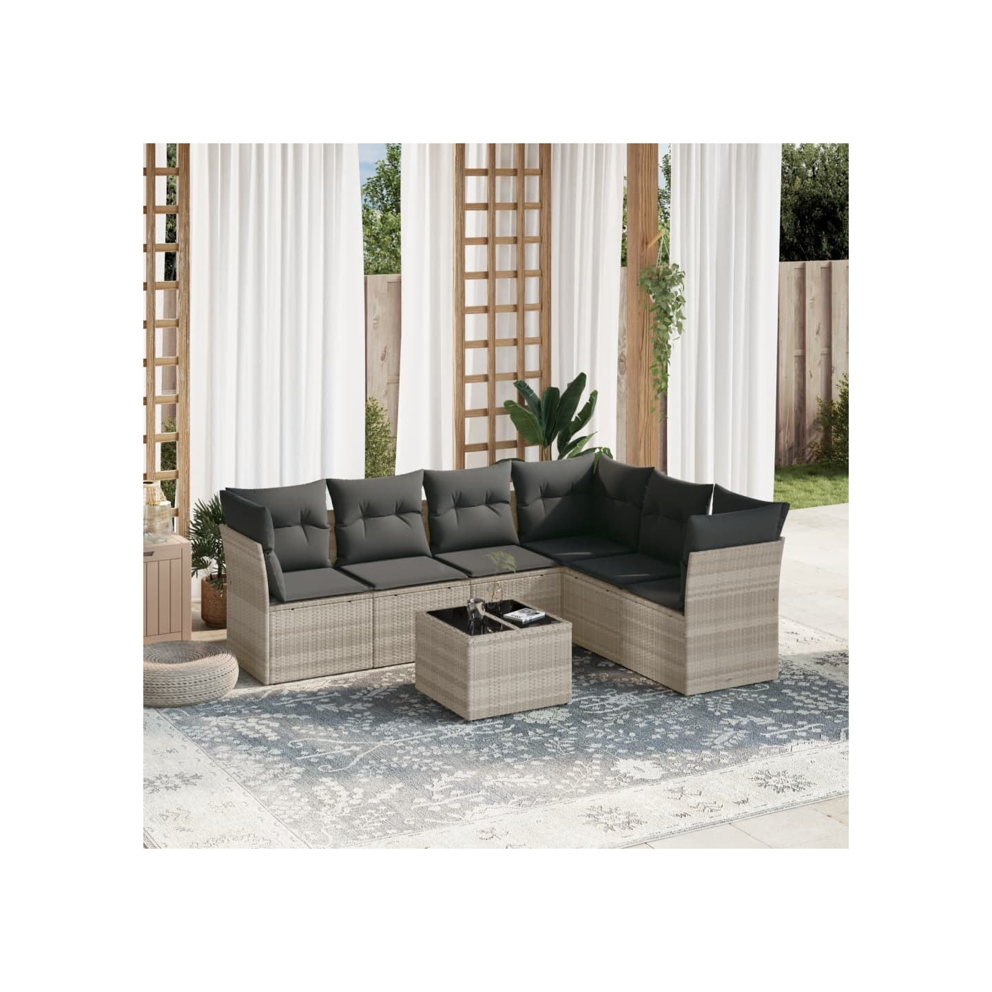 Salon de jardin avec coussins 7 pcs gris clair résine tressée