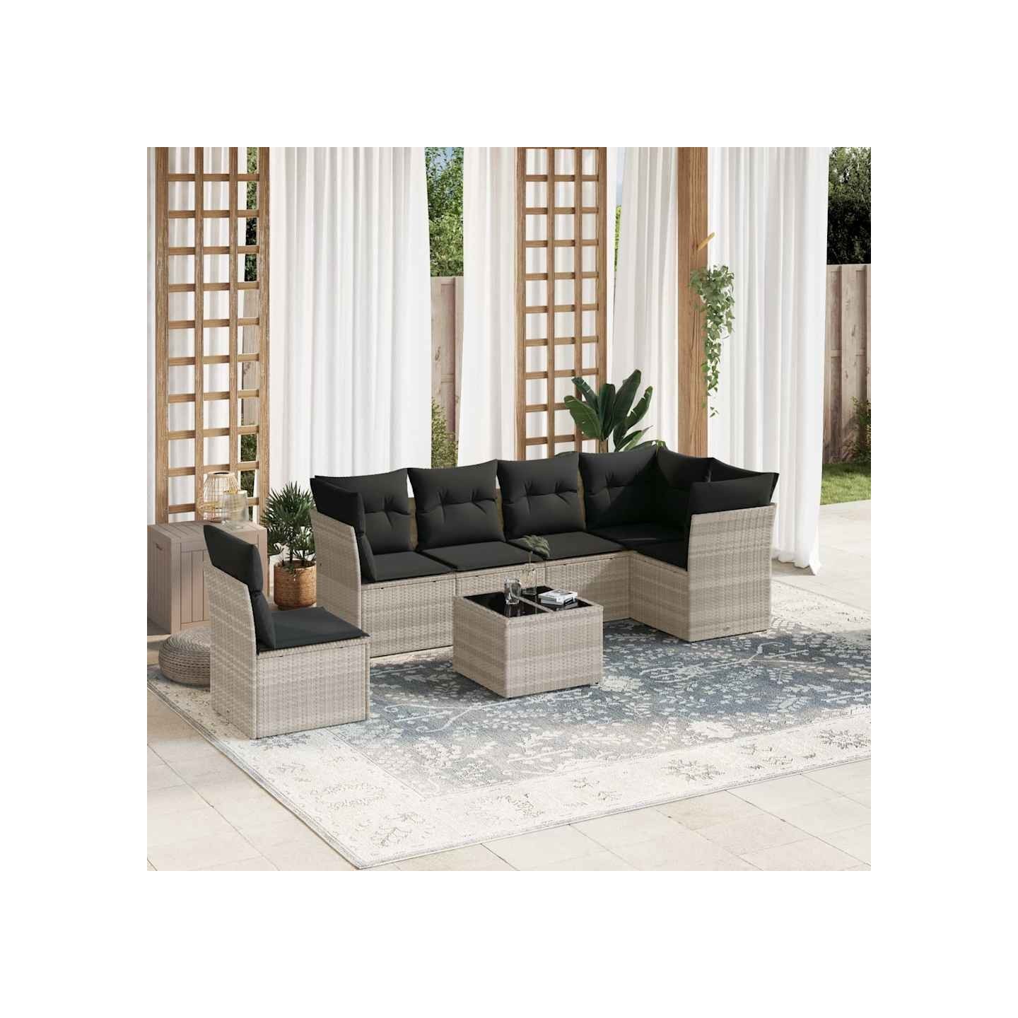 Salon de jardin avec coussins 7 pcs gris clair résine tressée