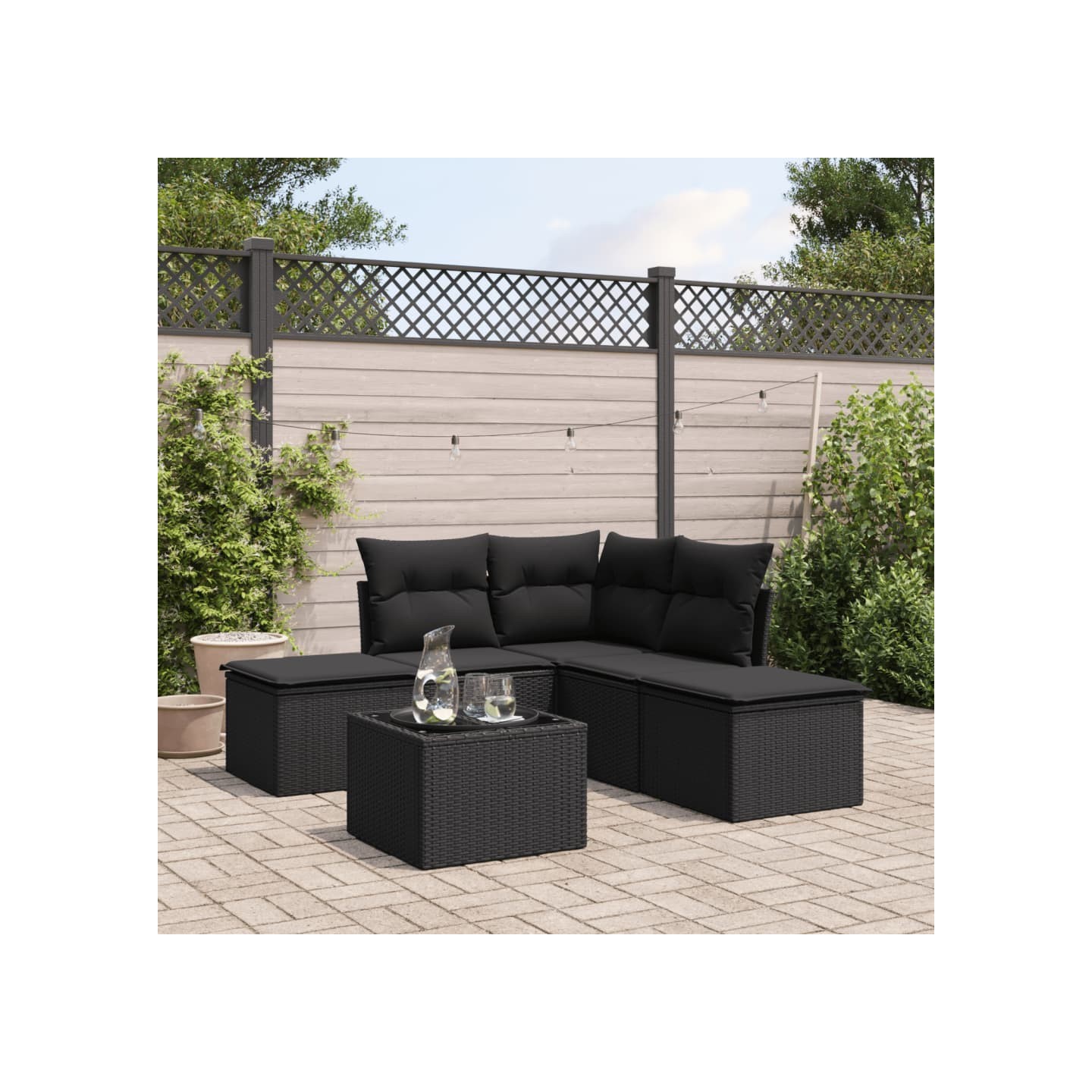 Salon de jardin 6 pcs avec coussins noir résine tressée