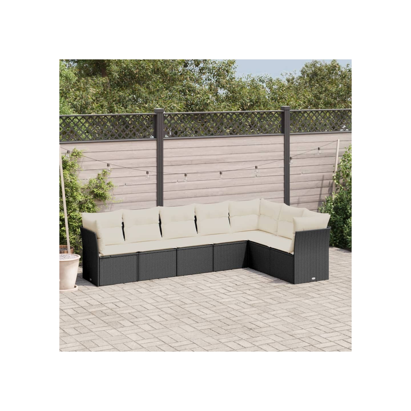 Salon de jardin 7 pcs avec coussins noir résine tressée