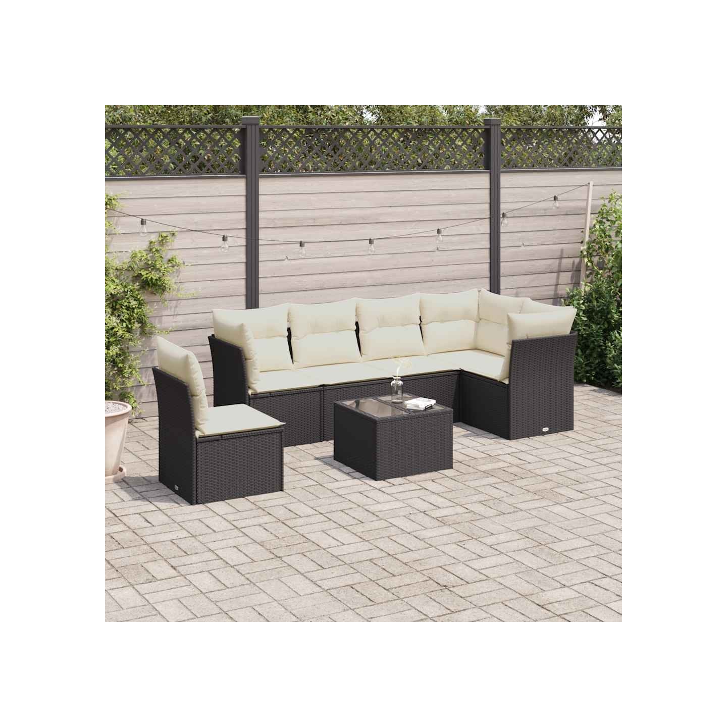 Salon de jardin 7 pcs avec coussins noir résine tressée