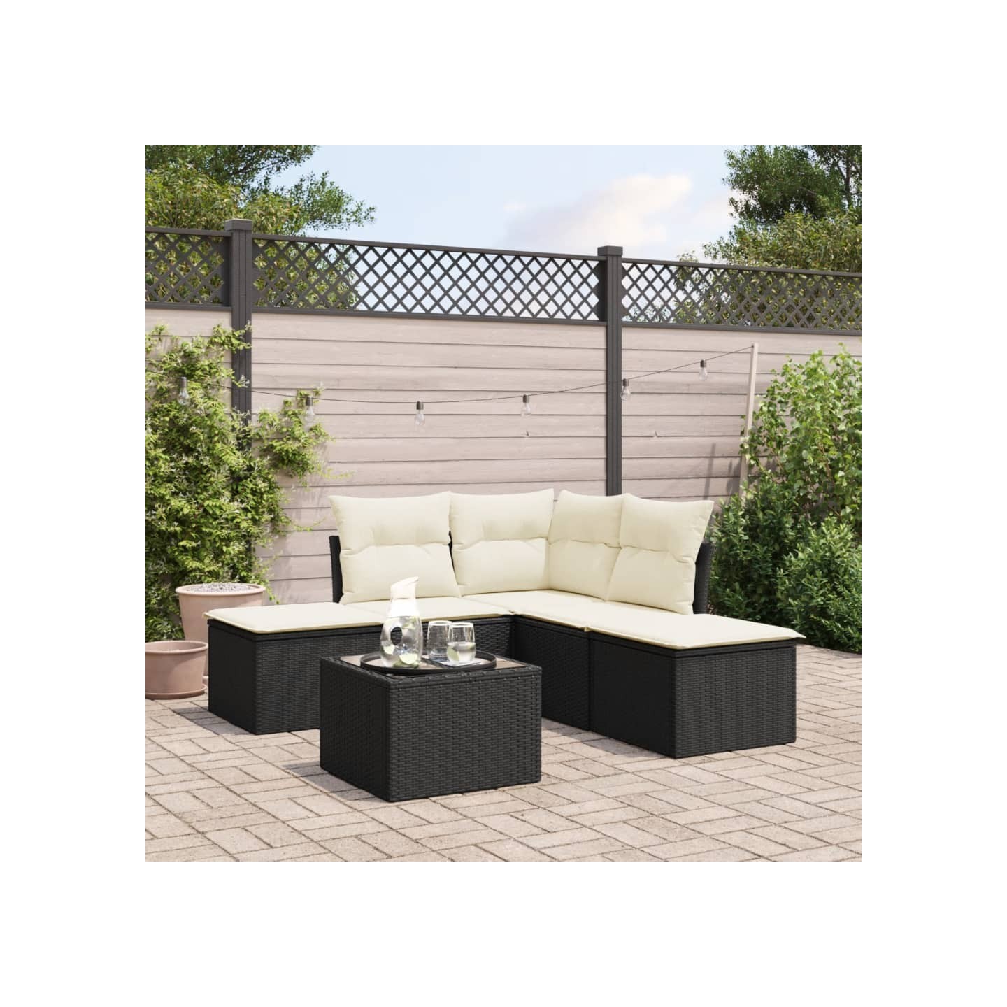 Salon de jardin 6 pcs avec coussins noir résine tressée