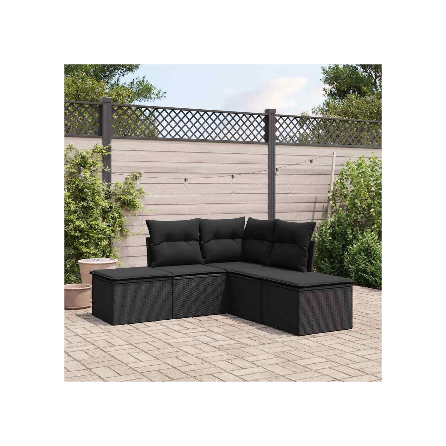 Salon de jardin 5 pcs avec coussins noir résine tressée