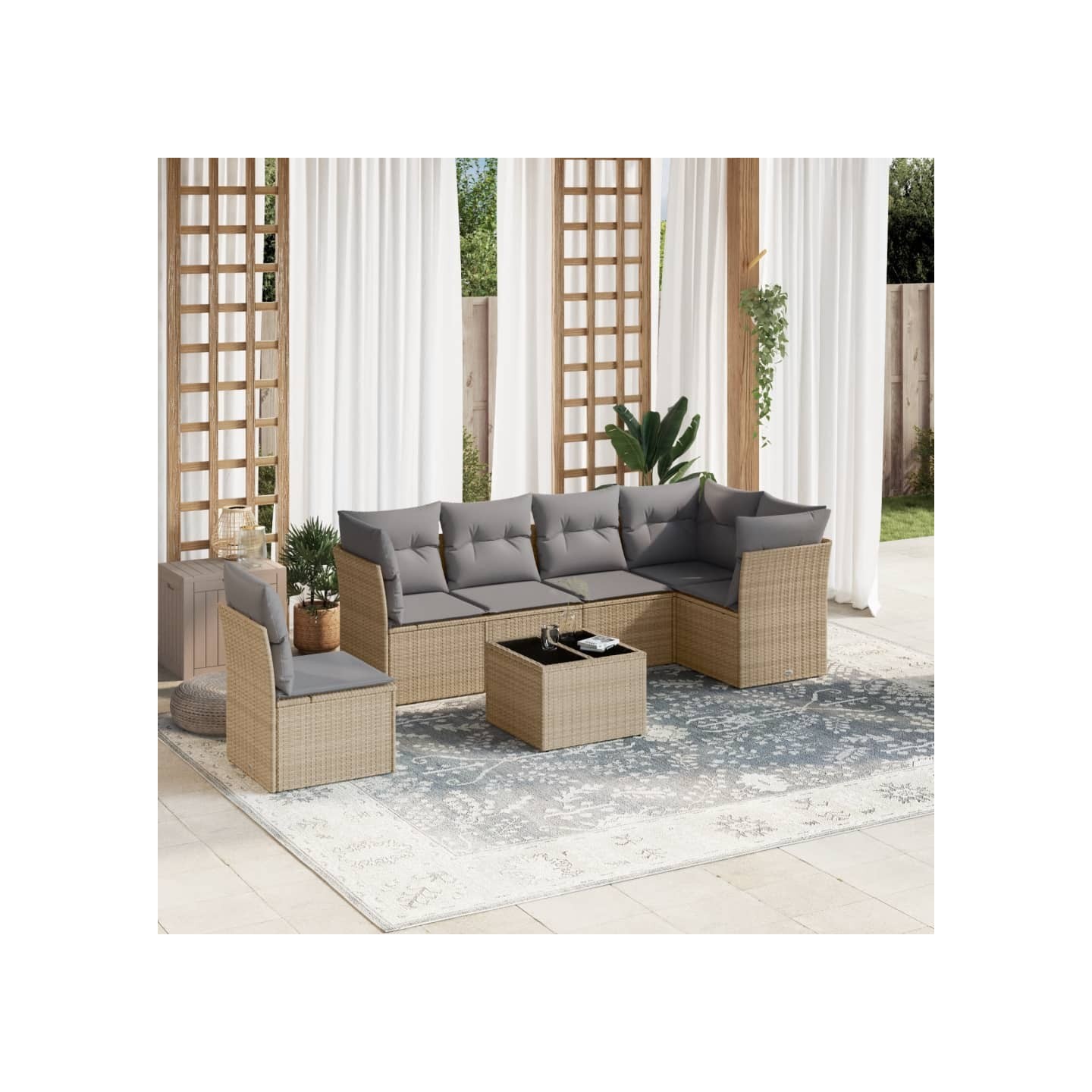 Salon de jardin avec coussins 7 pcs beige résine tressée