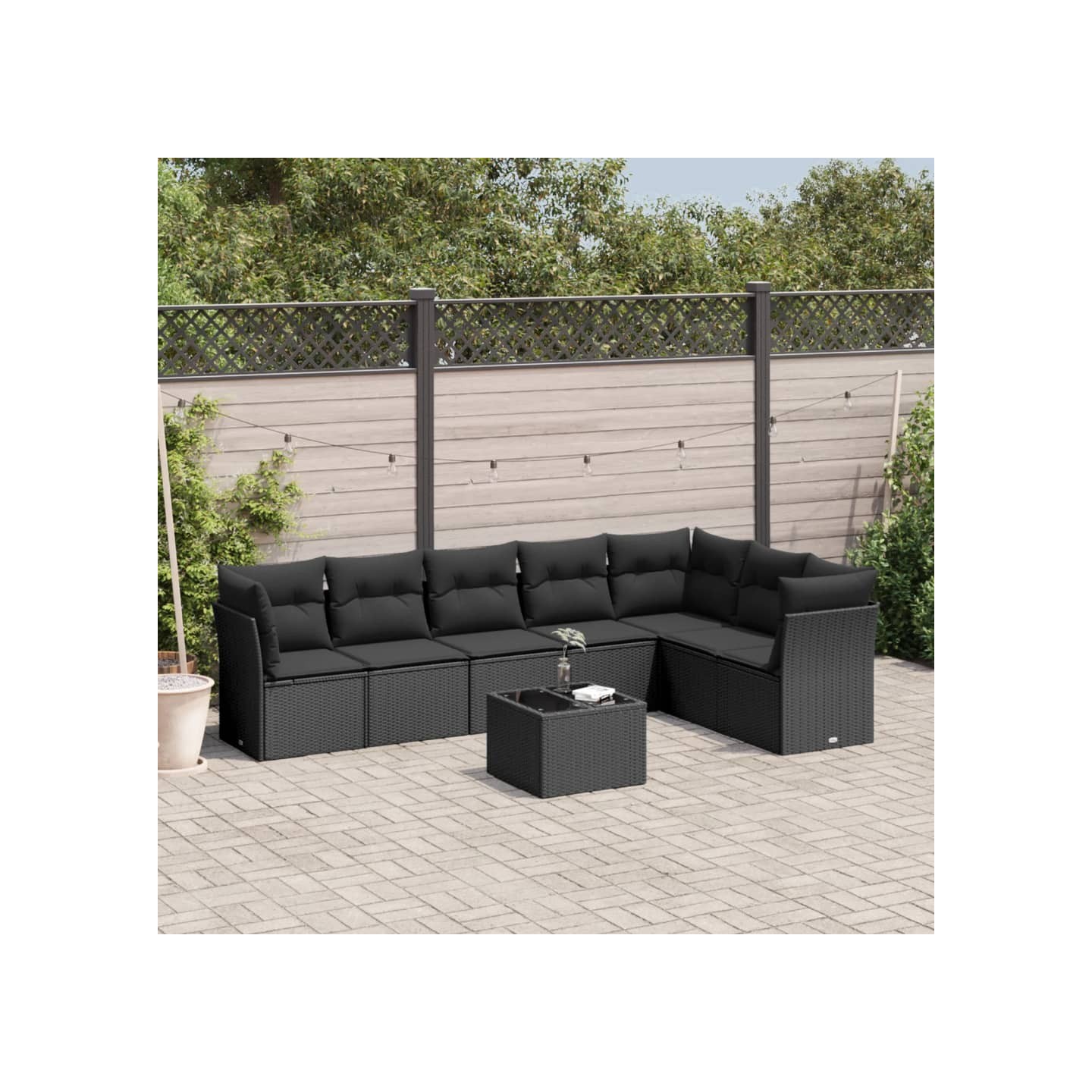 Salon de jardin 8 pcs avec coussins noir résine tressée