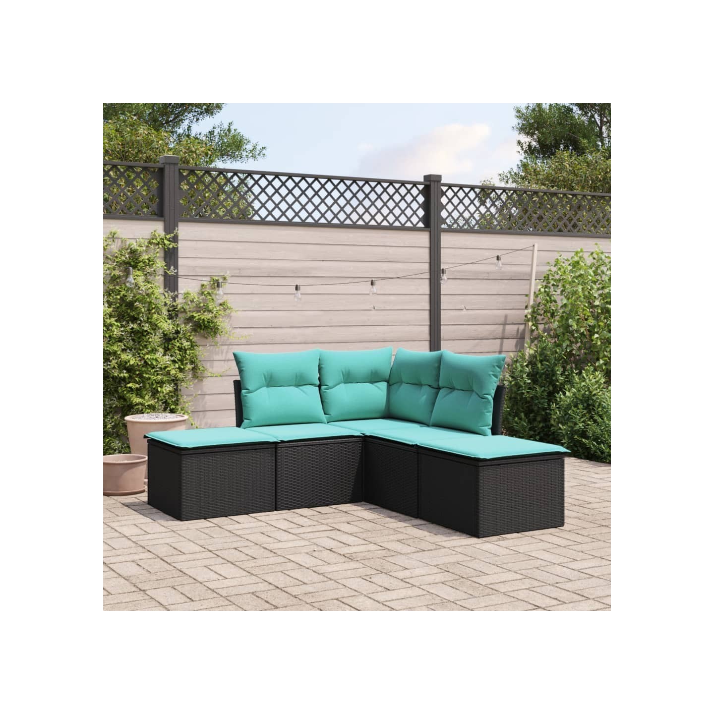 Salon de jardin 5 pcs avec coussins noir résine tressée
