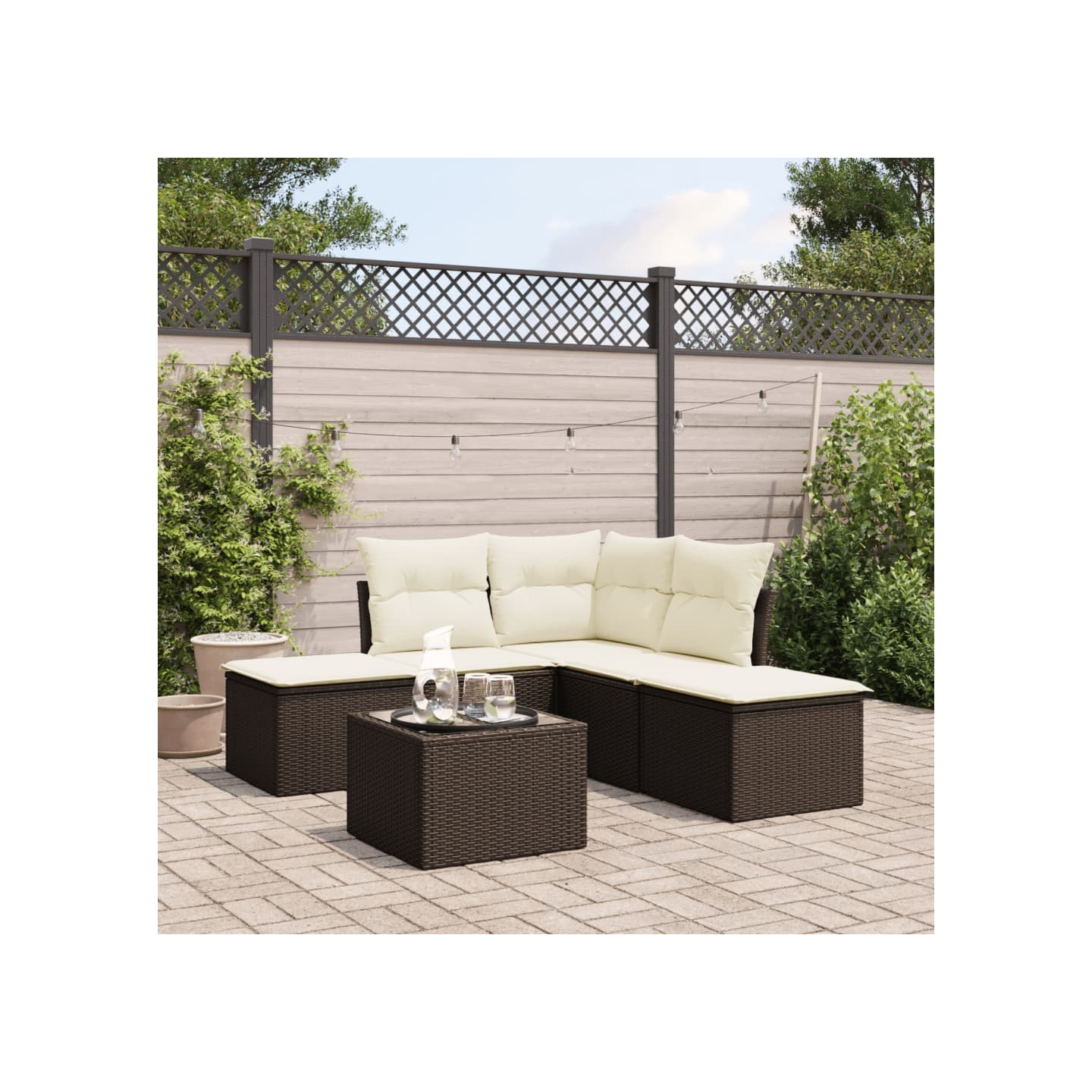 Salon de jardin avec coussins 6 pcs marron résine tressée