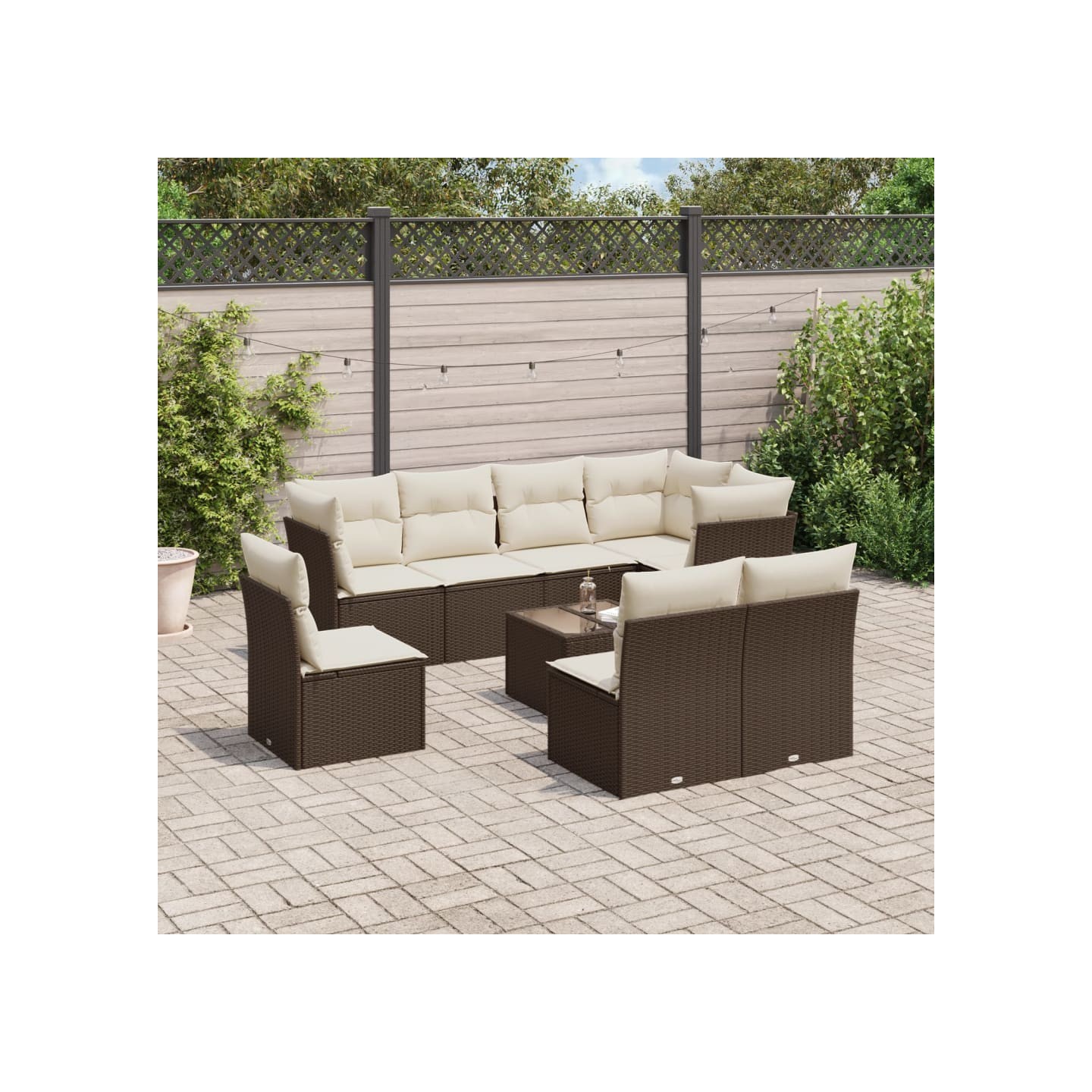 Salon de jardin avec coussins 9 pcs marron résine tressée