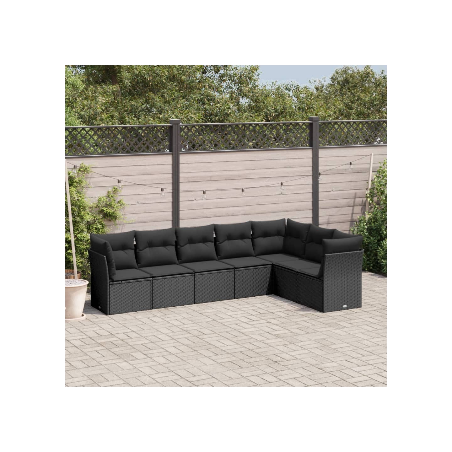 Salon de jardin 7 pcs avec coussins noir résine tressée