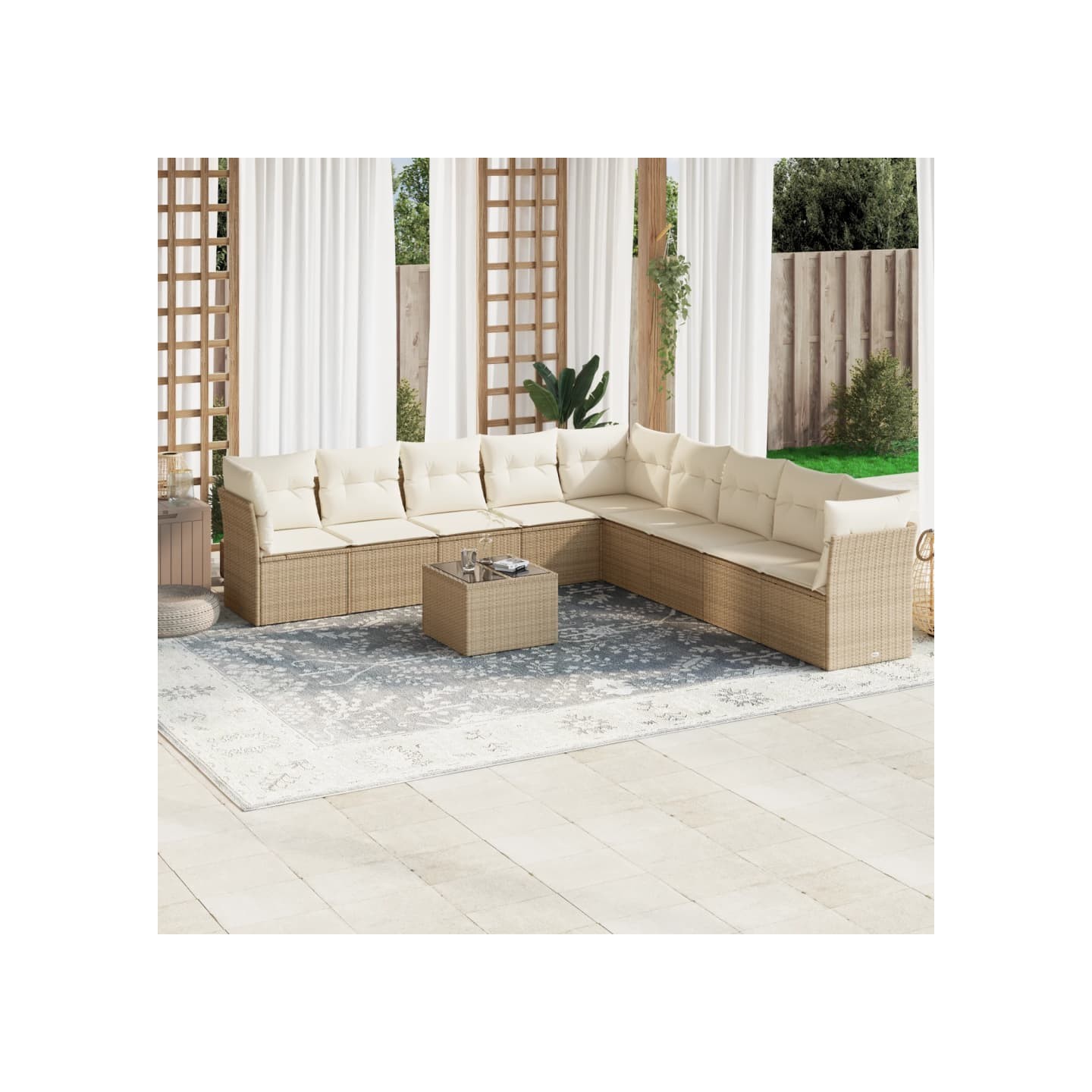 Salon de jardin avec coussins 10 pcs beige résine tressée