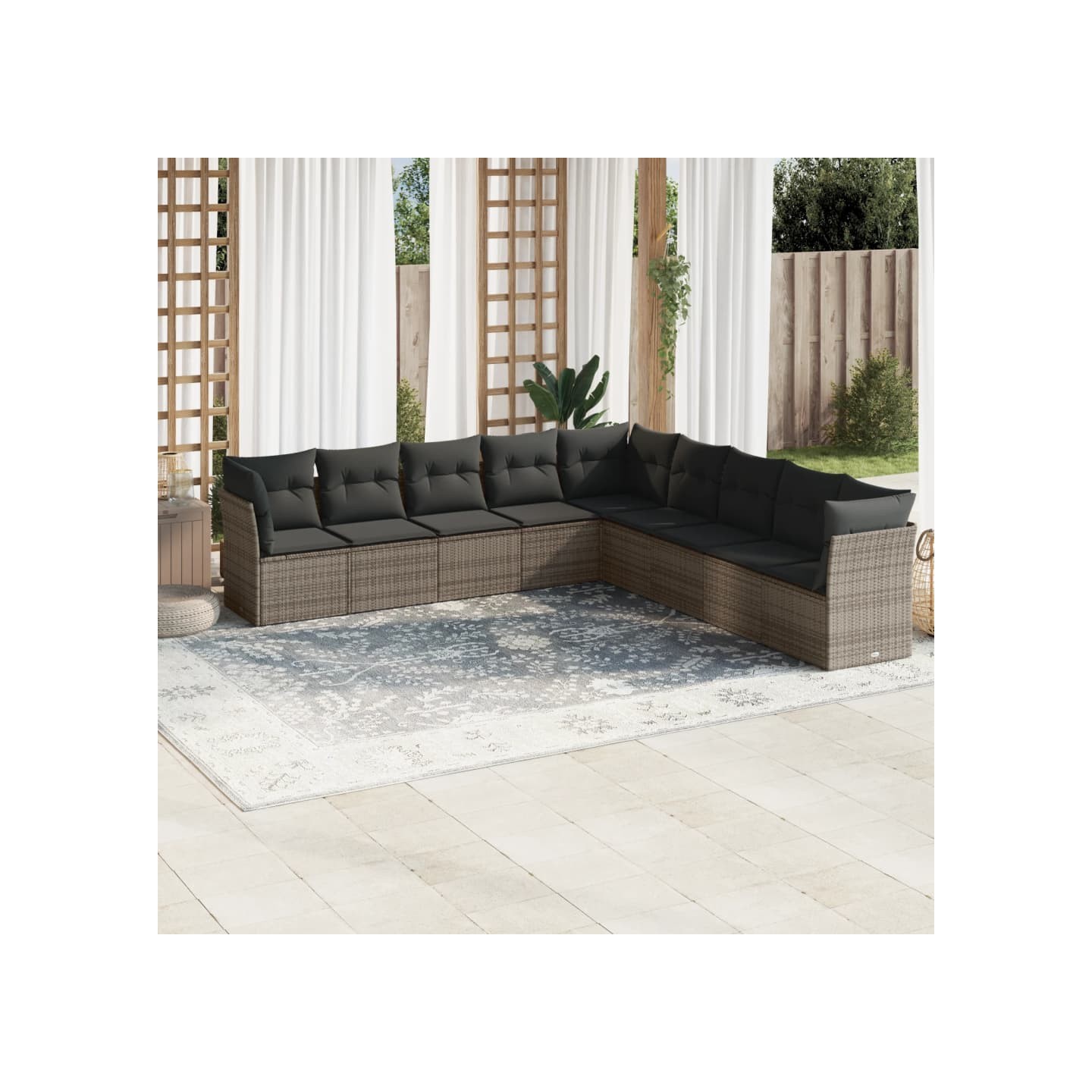 Salon de jardin 9 pcs avec coussins gris résine tressée