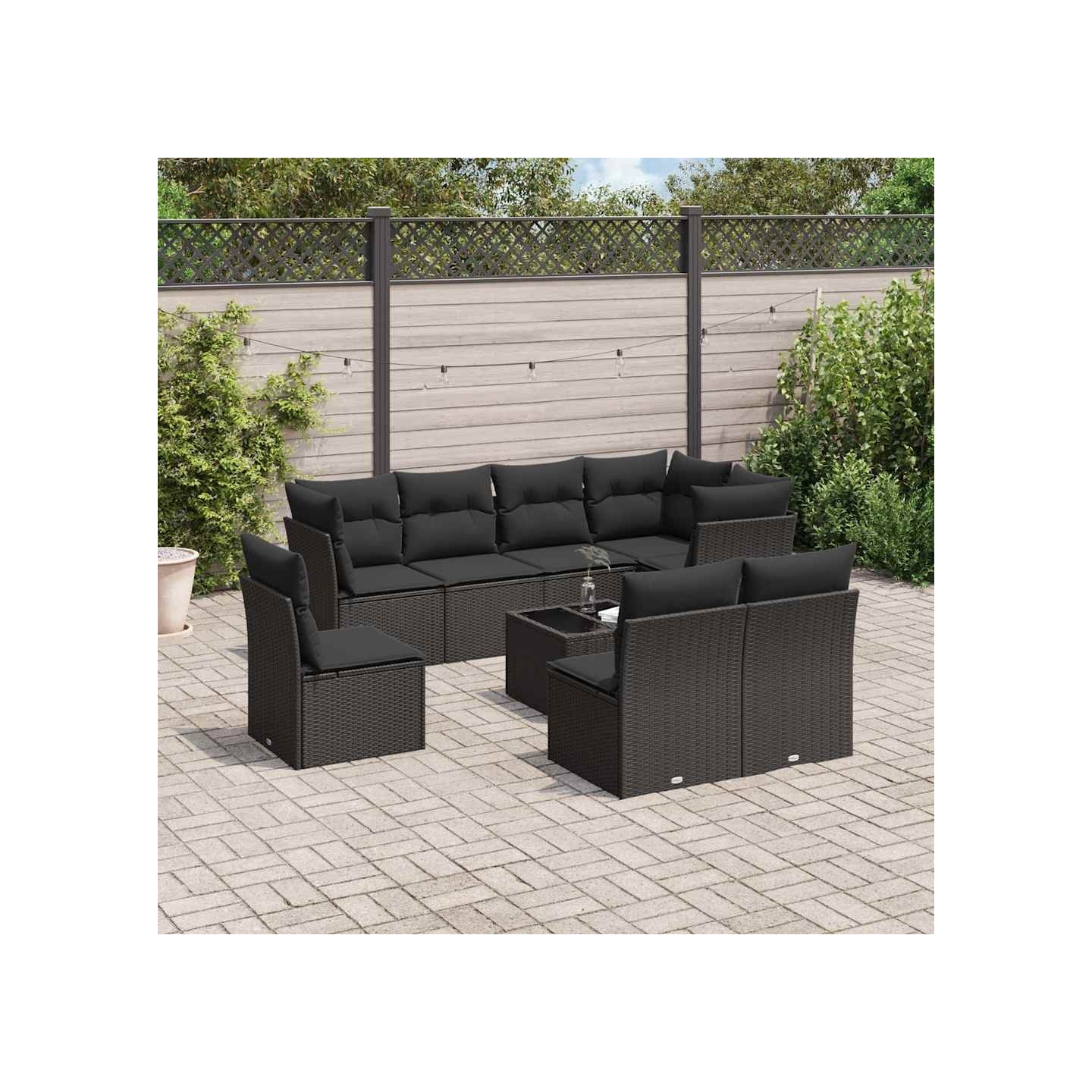 Salon de jardin 9 pcs avec coussins noir résine tressée