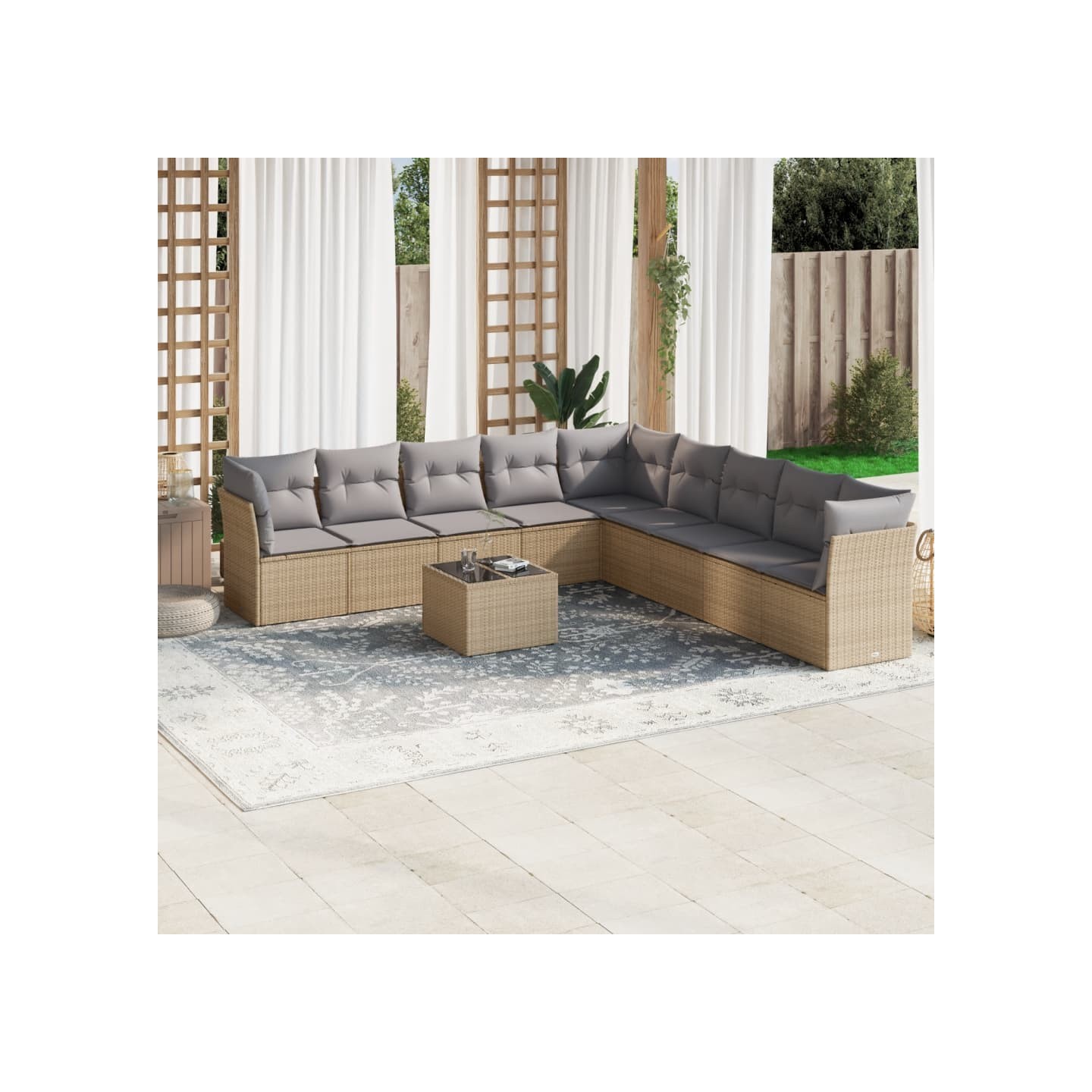 Salon de jardin avec coussins 10 pcs beige résine tressée