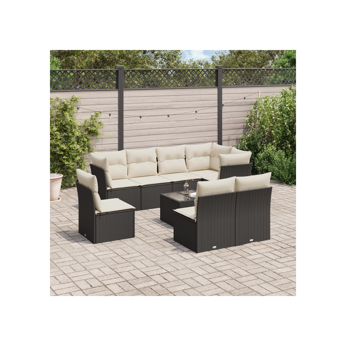 Salon de jardin 9 pcs avec coussins noir résine tressée