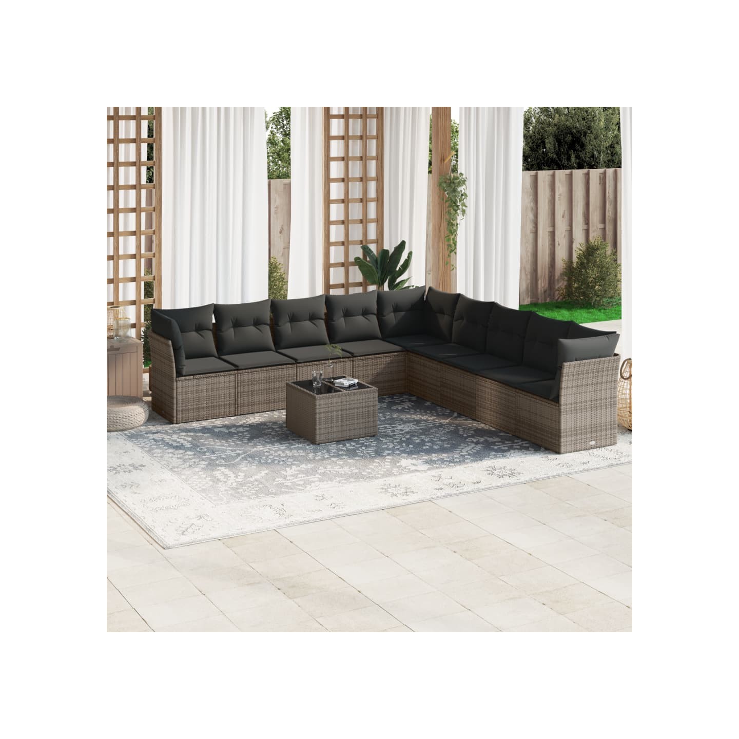 Salon de jardin avec coussins 10 pcs gris résine tressée