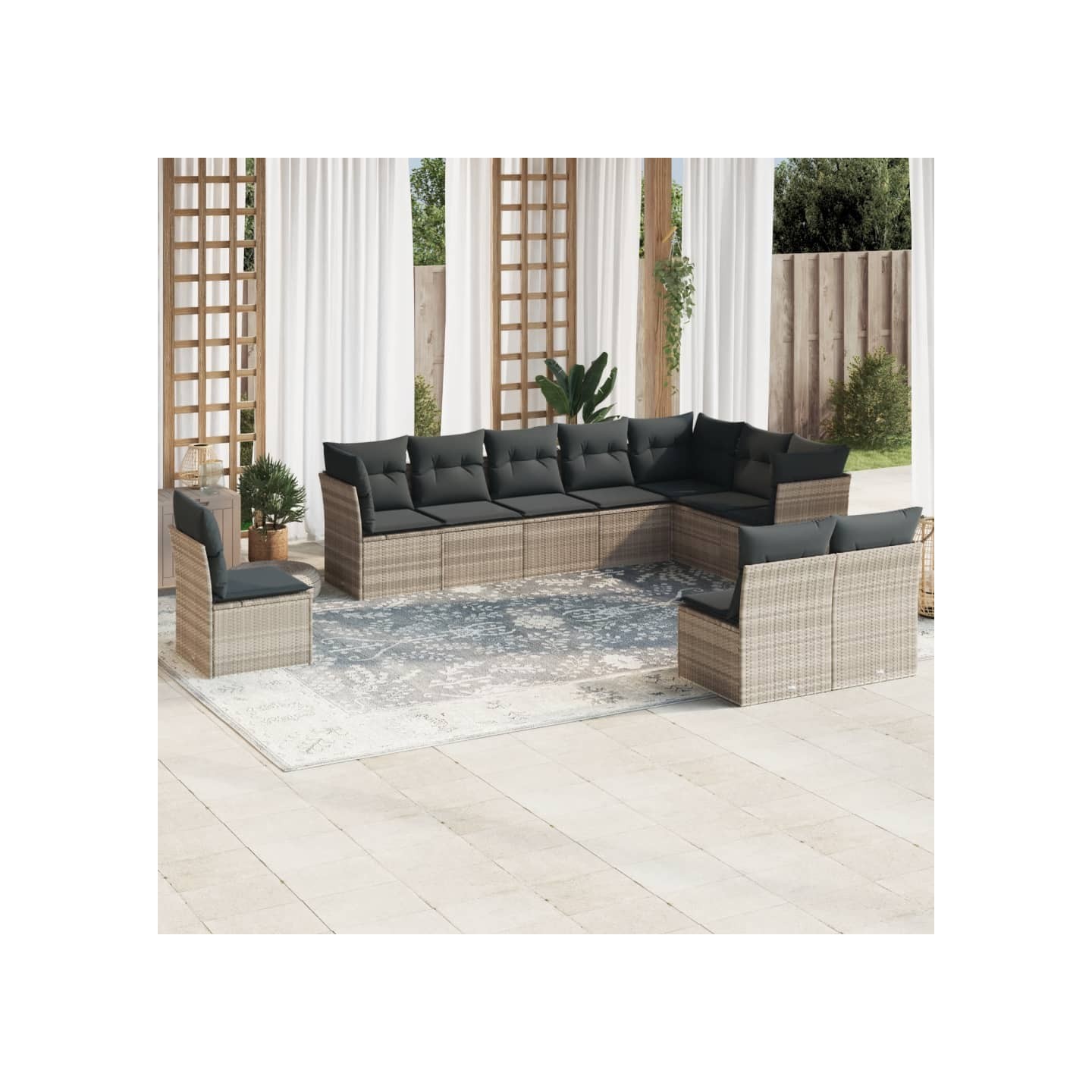 Salon de jardin avec coussins 10 pcs gris clair résine tressée
