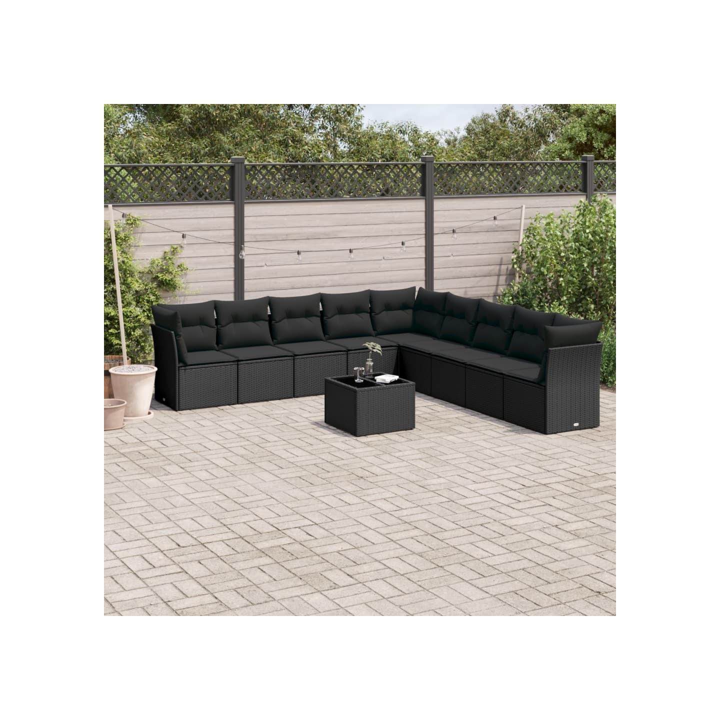 Salon de jardin 10 pcs avec coussins noir résine tressée