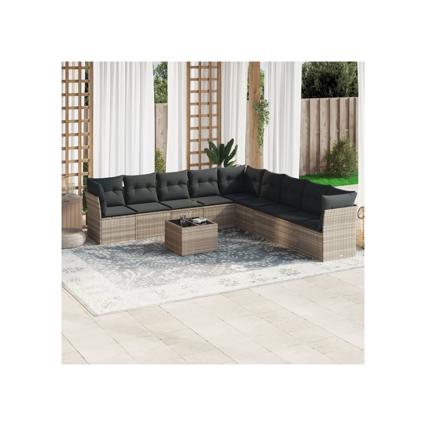 Salon de jardin avec coussins 10 pcs gris clair résine tressée