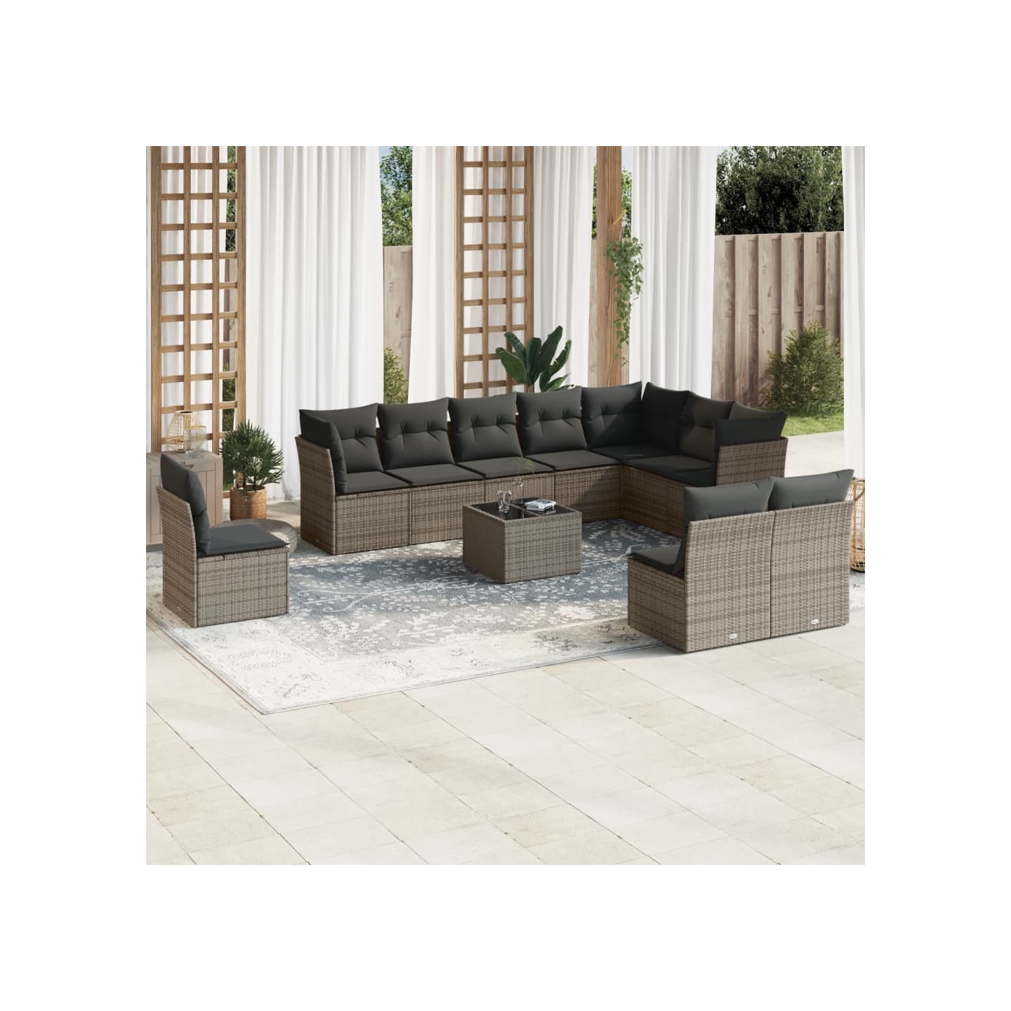 Salon de jardin 11 pcs avec coussins gris résine tressée
