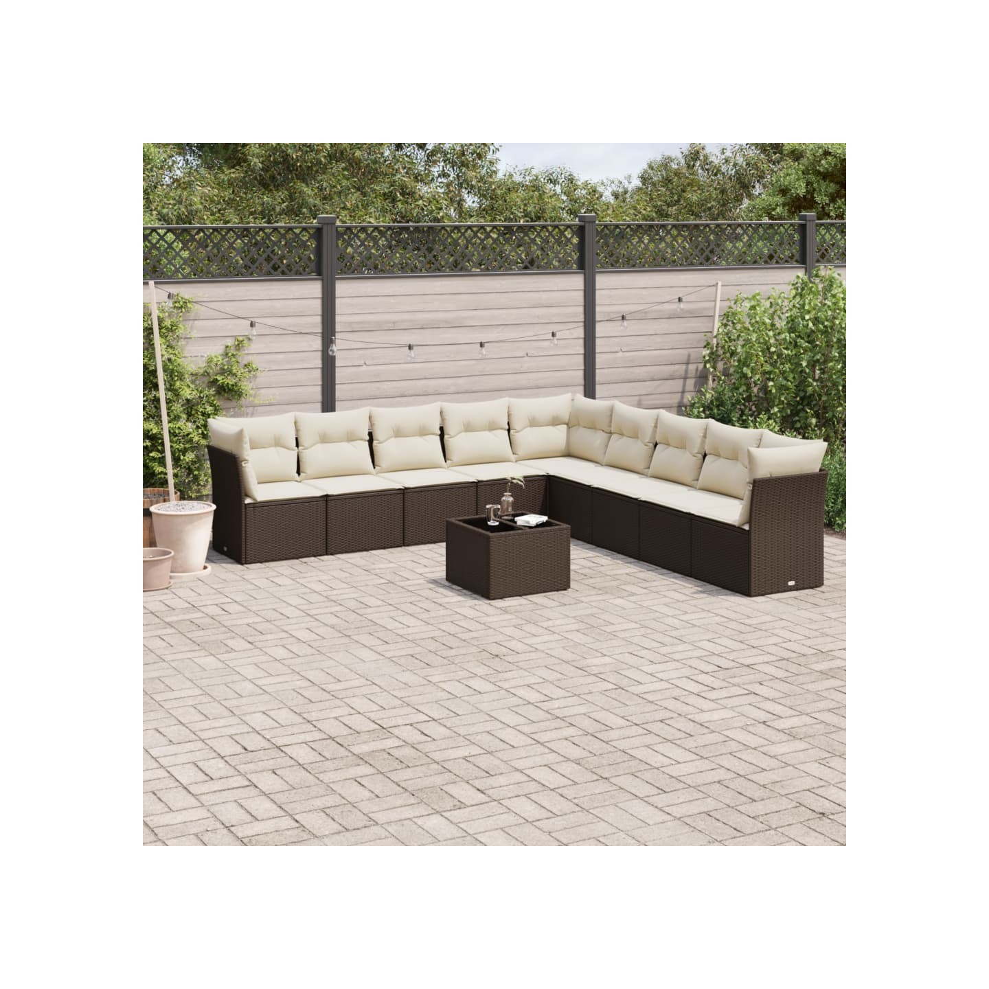 Salon de jardin 10 pcs avec coussins marron résine tressée